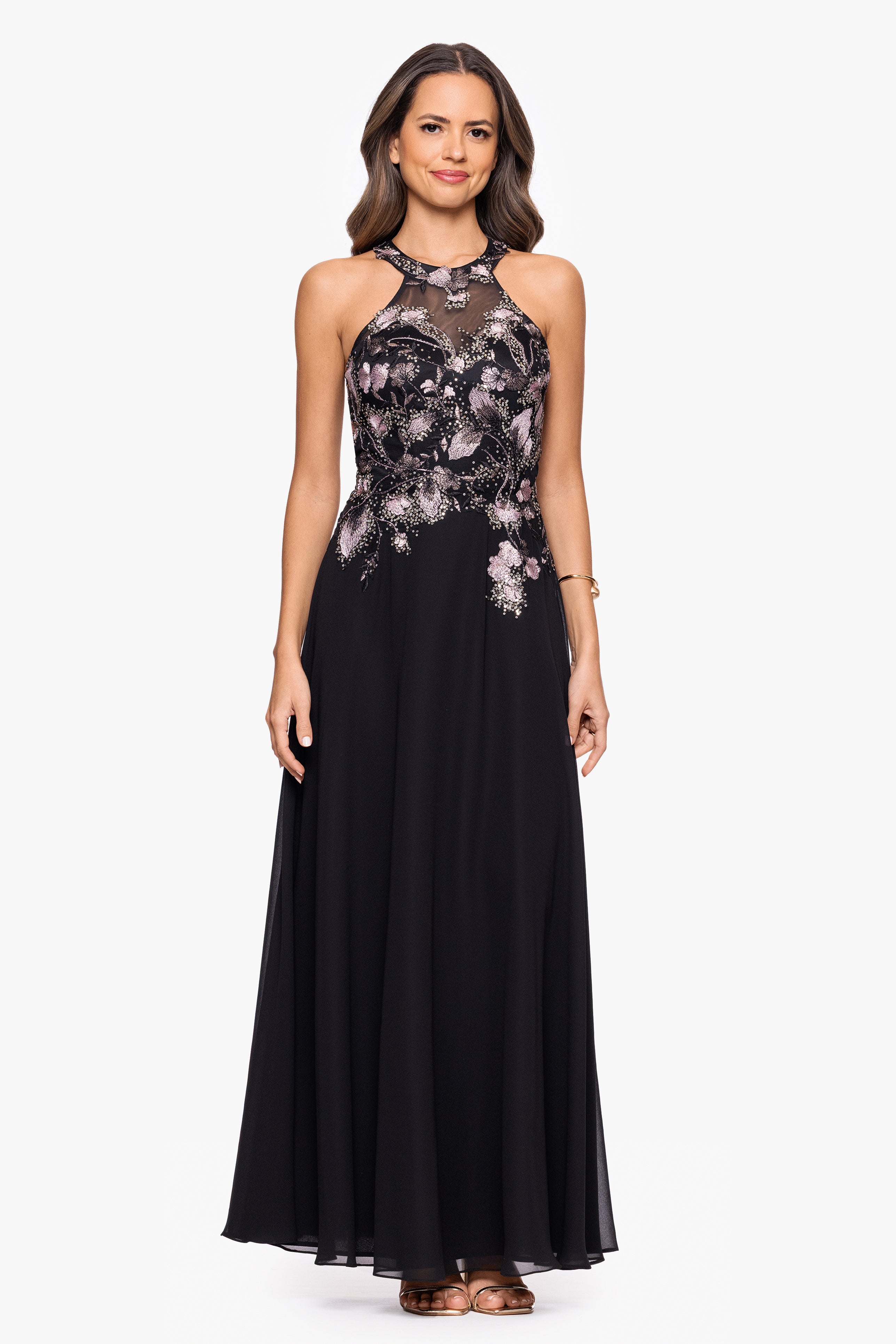 "Maryse" Chiffon Embroidered Bodice Floor Length Dress