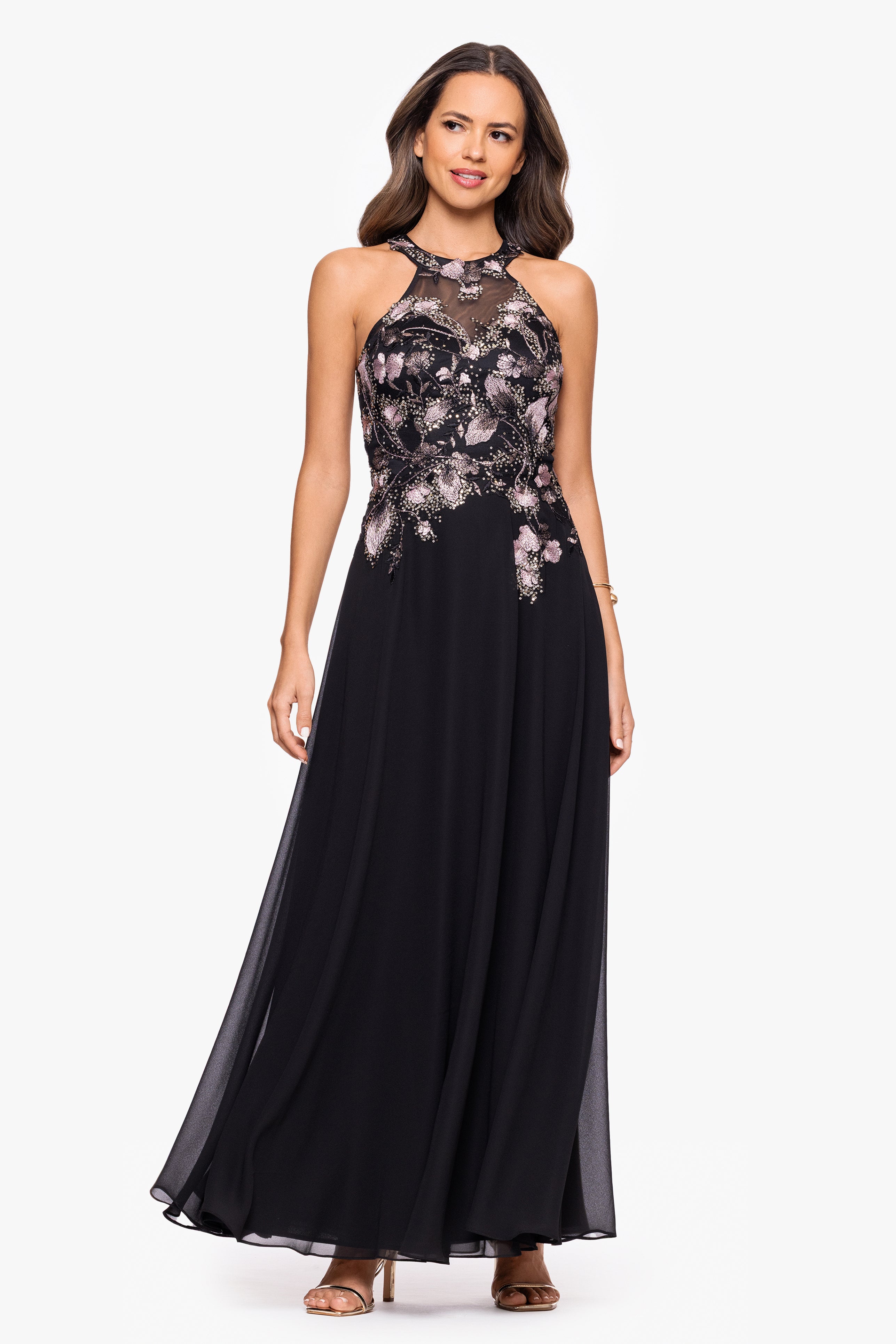 "Maryse" Chiffon Embroidered Bodice Floor Length Dress