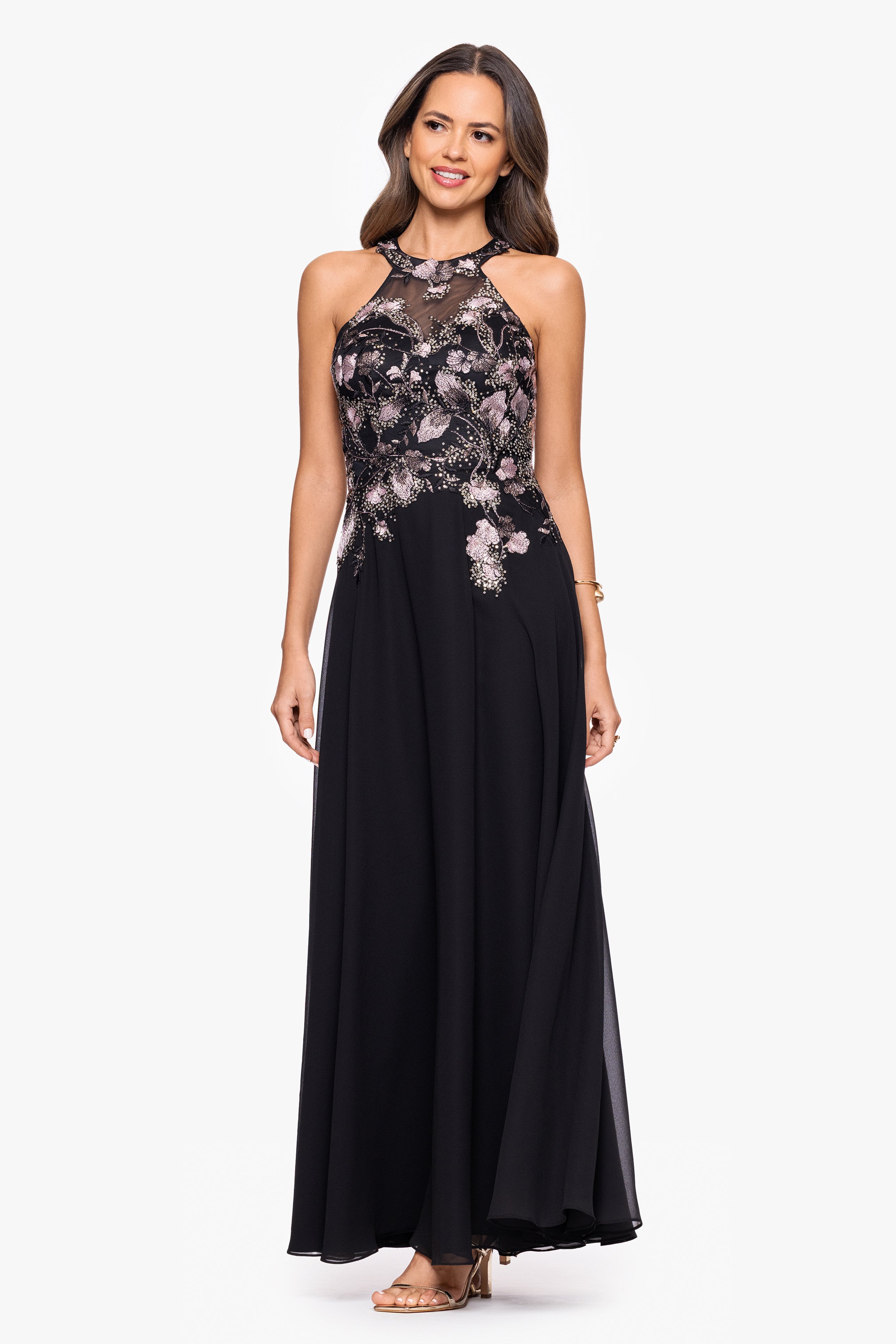 "Maryse" Chiffon Embroidered Bodice Floor Length Dress