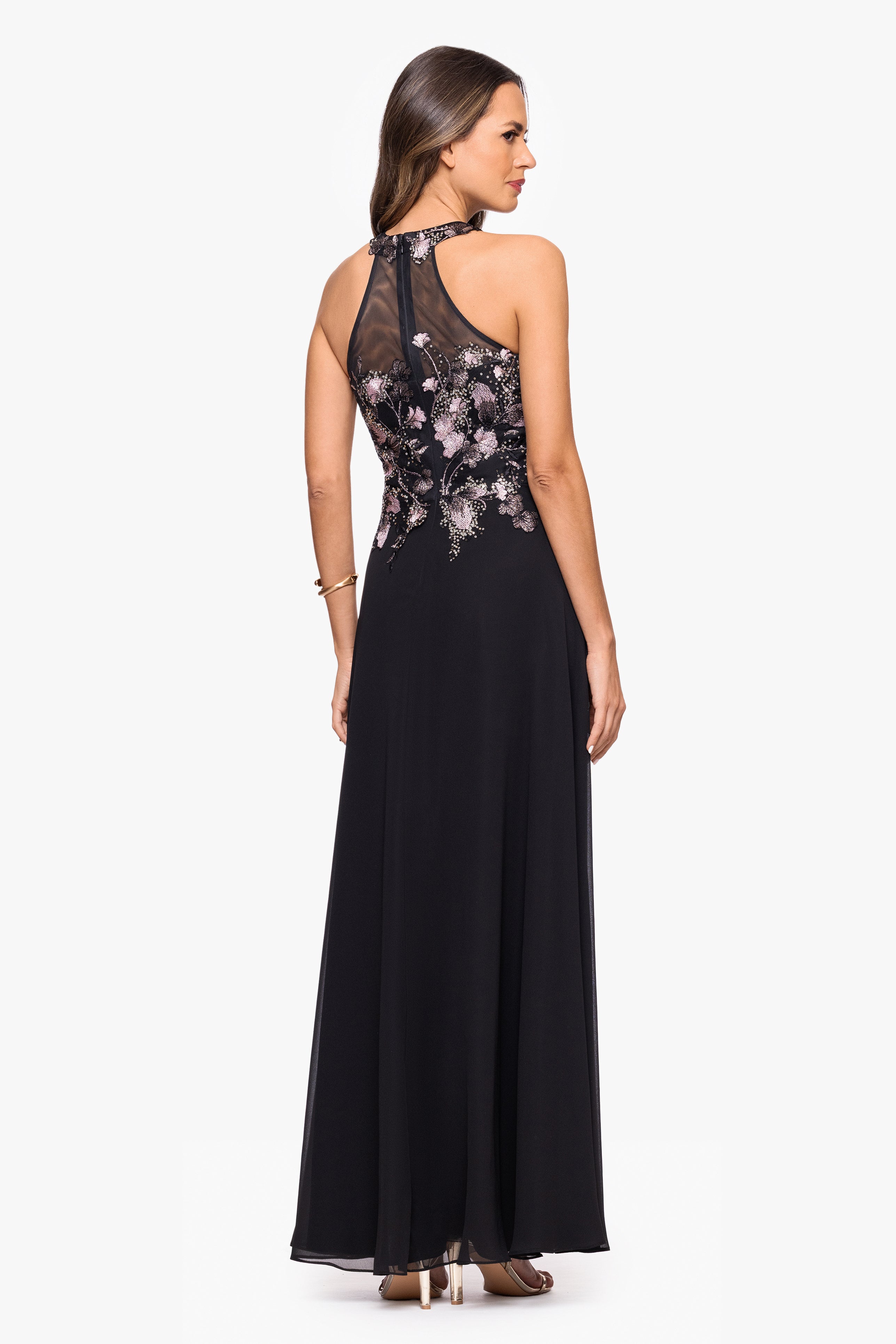 "Maryse" Chiffon Embroidered Bodice Floor Length Dress
