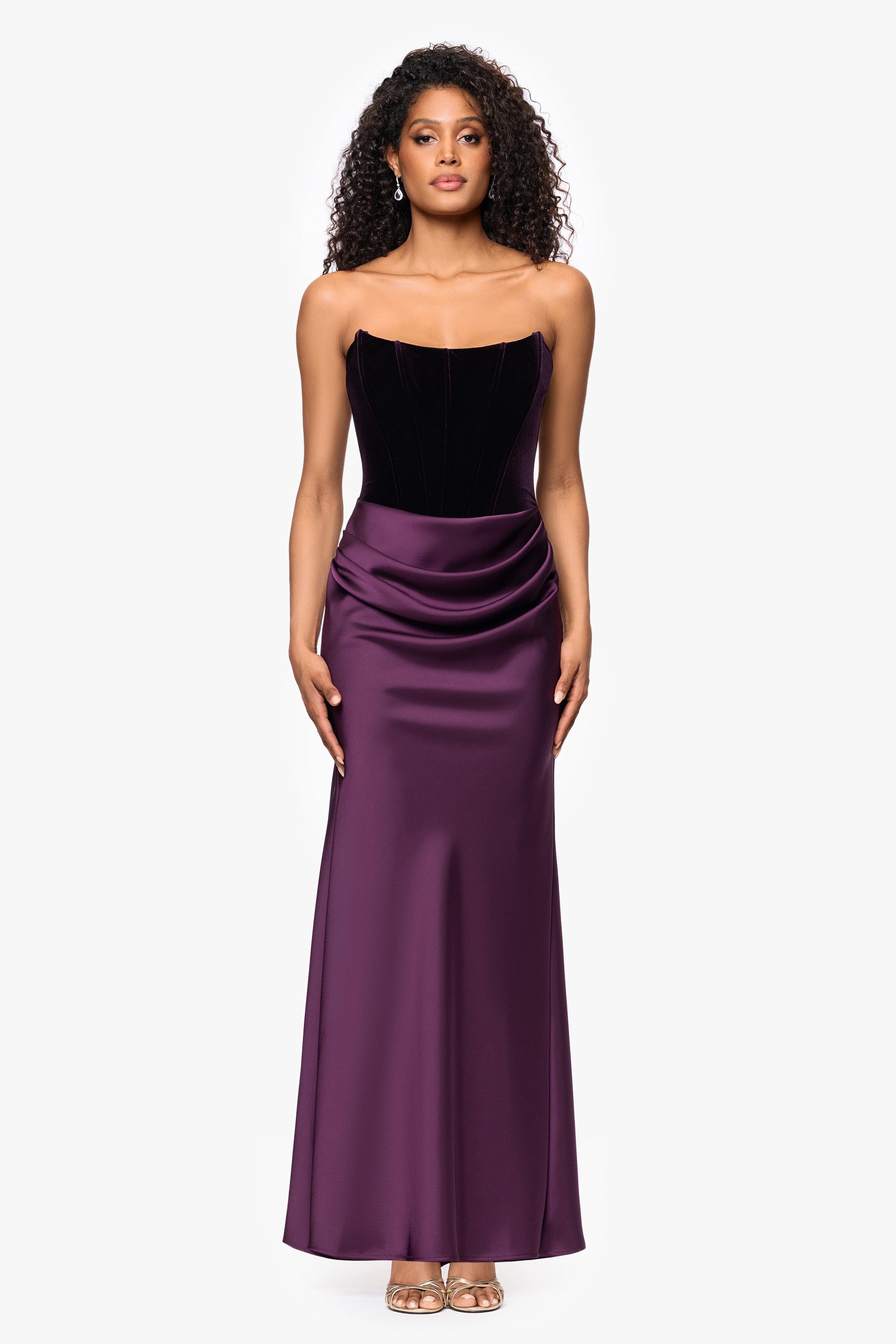 "Lynn" Long Strapless Velvet and Satin Gown