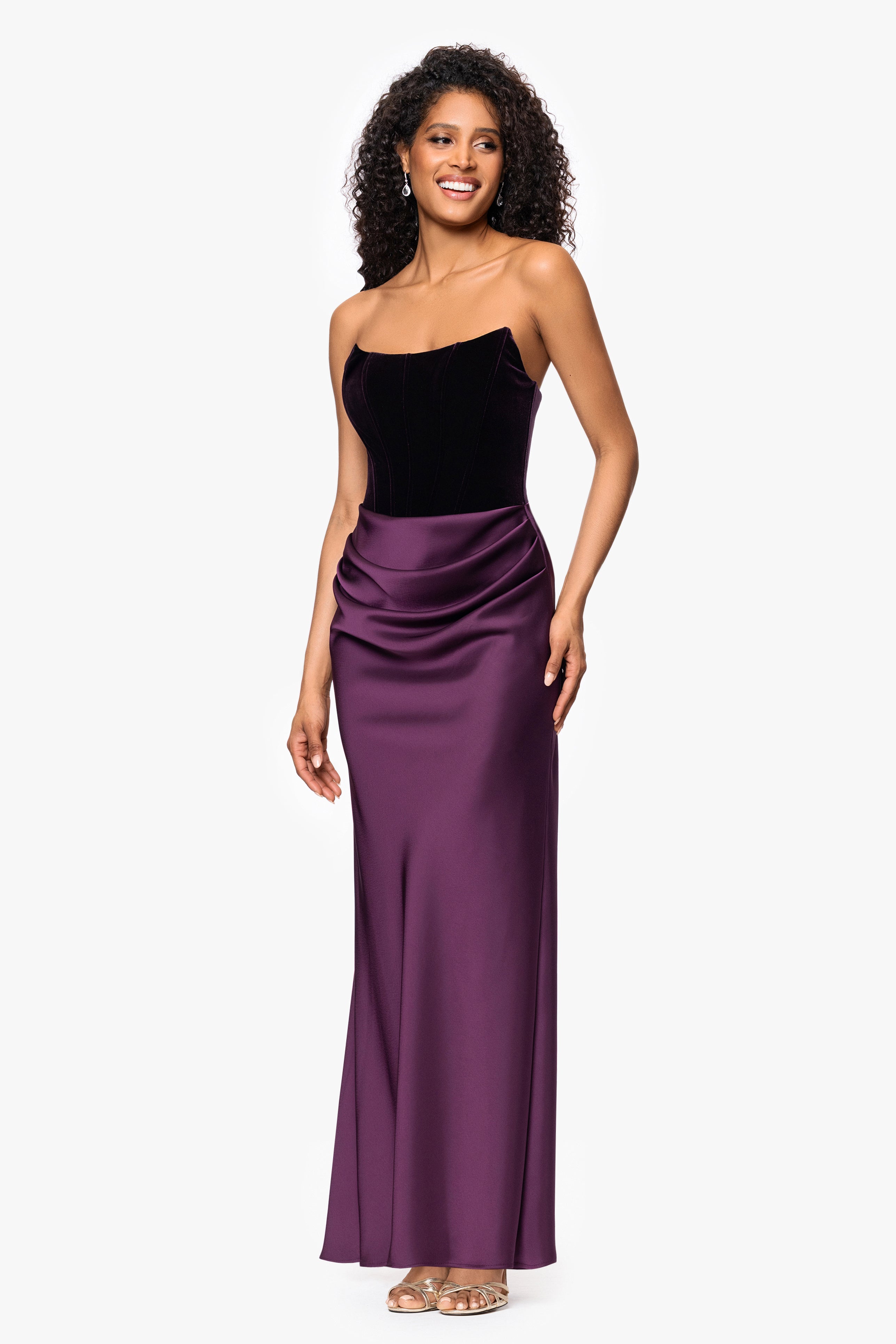 "Lynn" Long Strapless Velvet and Satin Gown