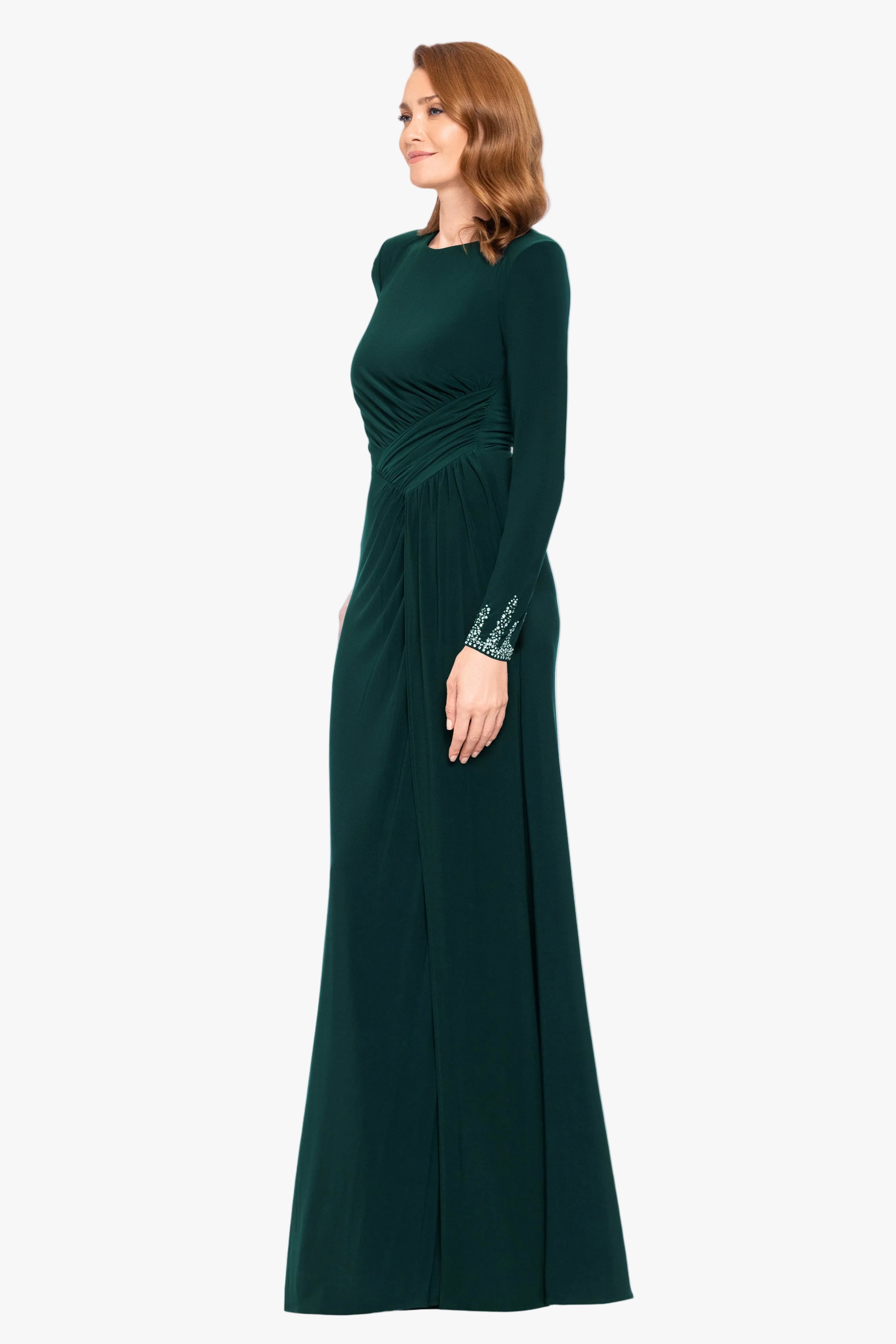 "Kenley" Jersey Knit Long Sleeve Beaded Cuff Dress