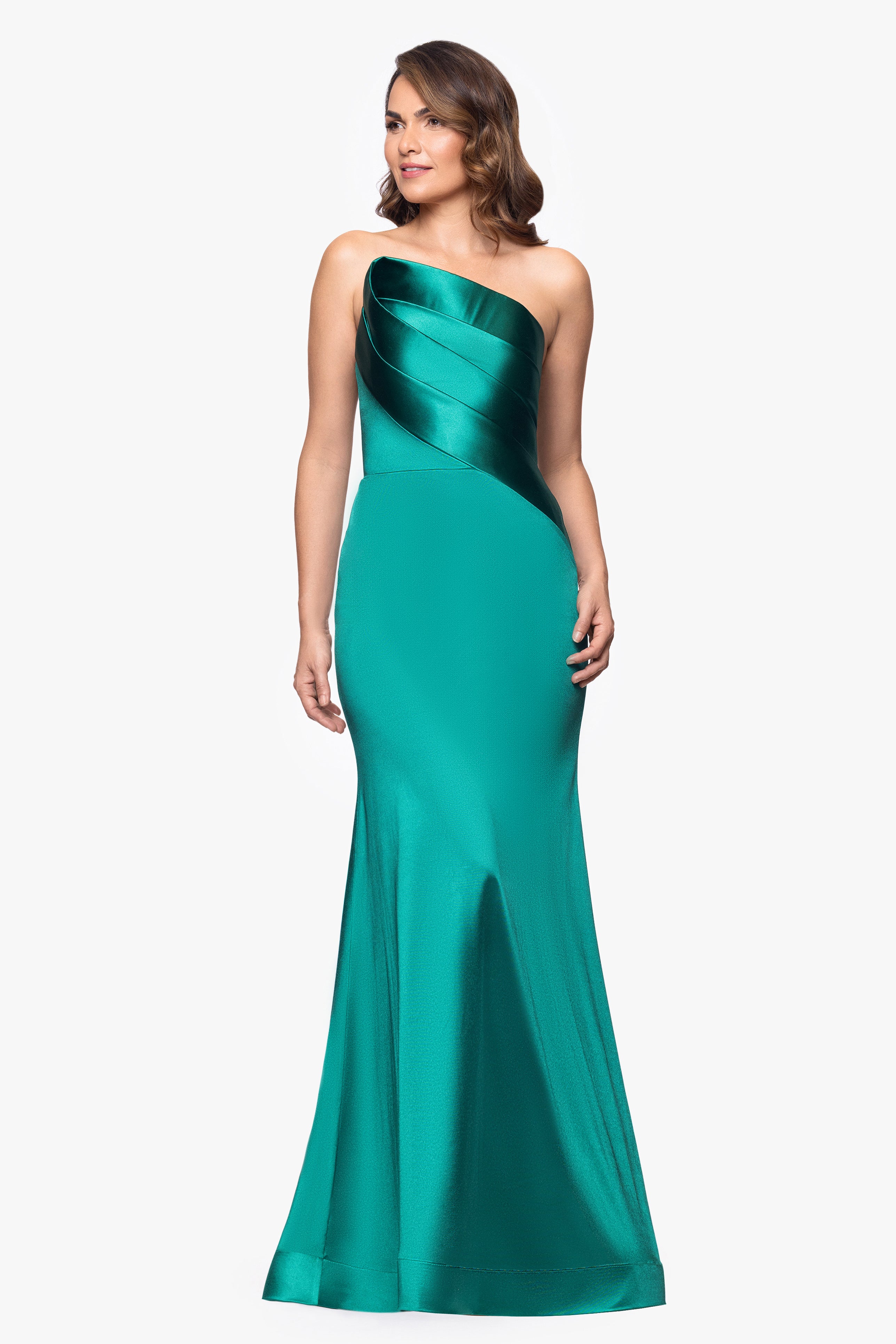"Emilia" Satin Strapless Asymmetric Neckline Floor Length Dress
