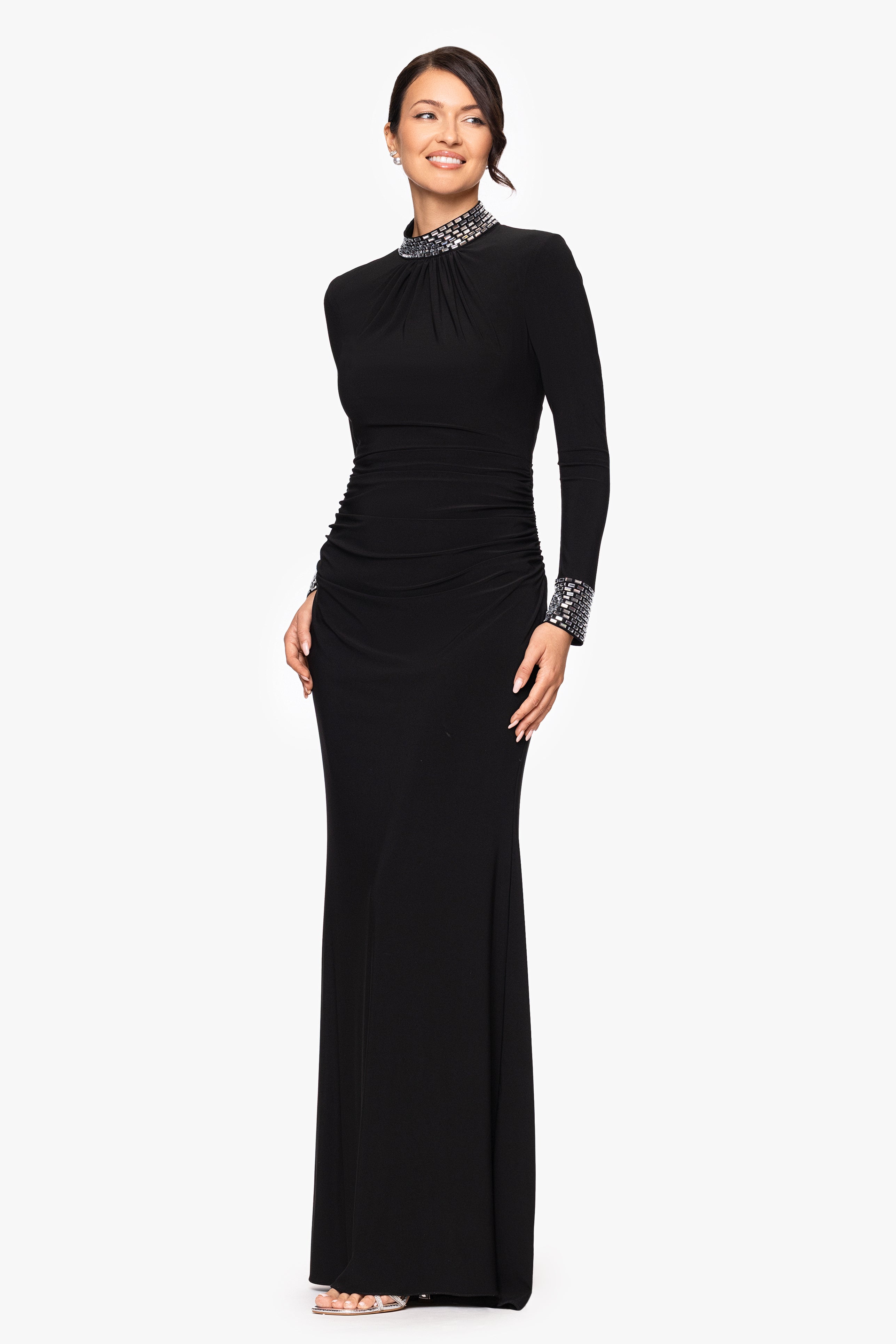 "Imani" Jersey Knit Long Sleeve Beaded Mock Neck Floor Length Dress