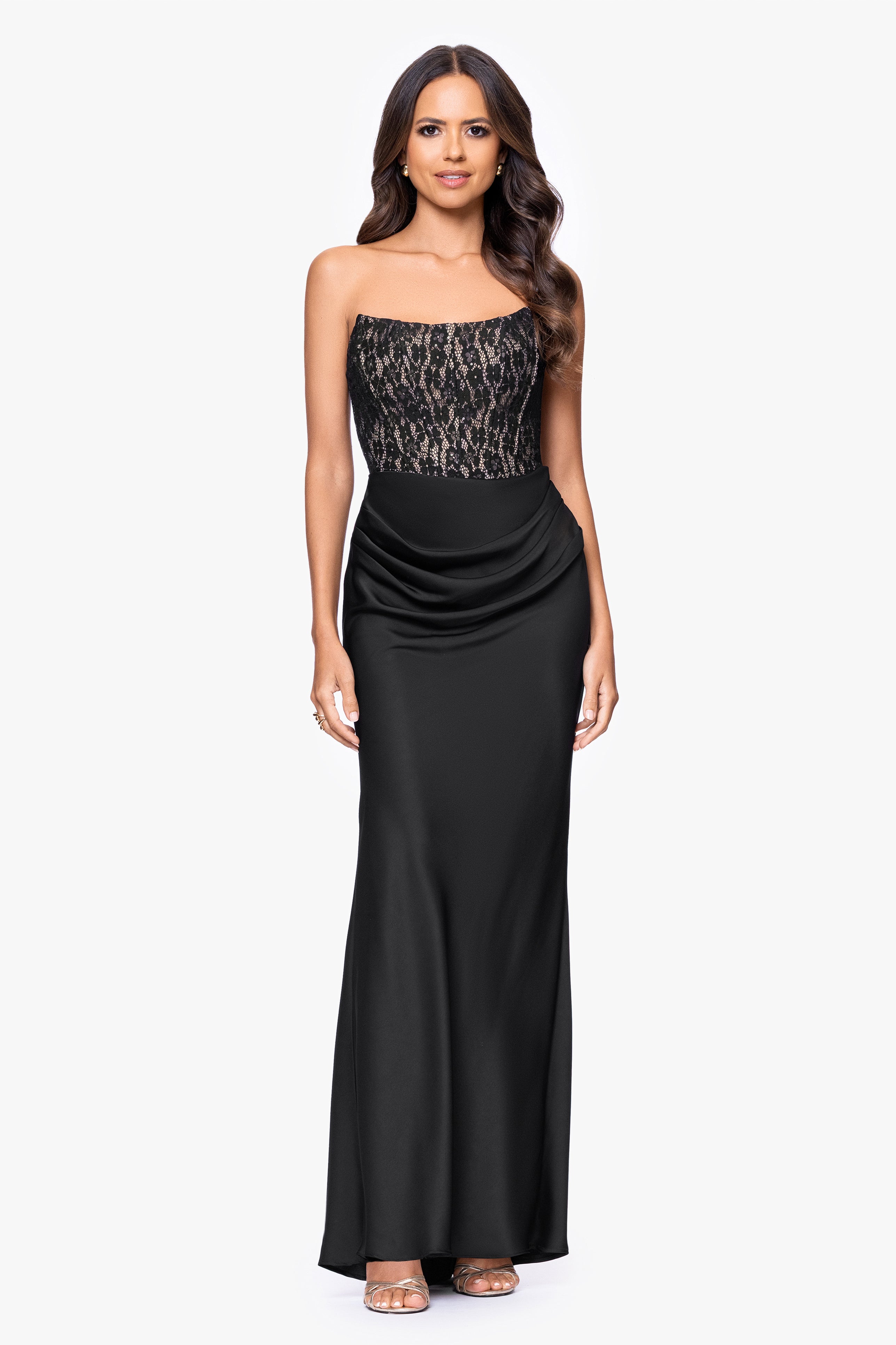 "Velma" Lace Corset Bodice and Satin Skirt Strapless Floor Length Dress