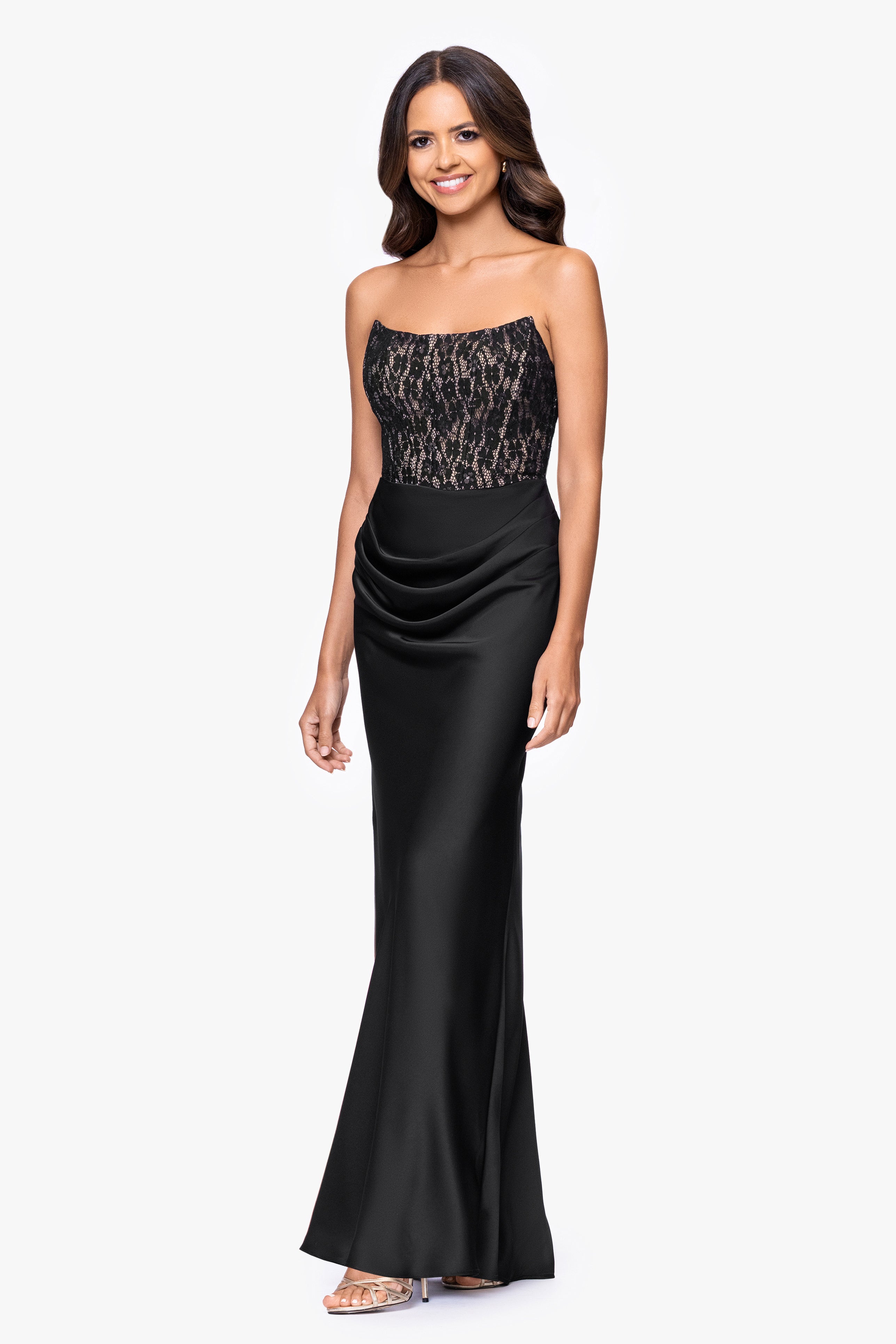 "Velma" Lace Corset Bodice and Satin Skirt Strapless Floor Length Dress