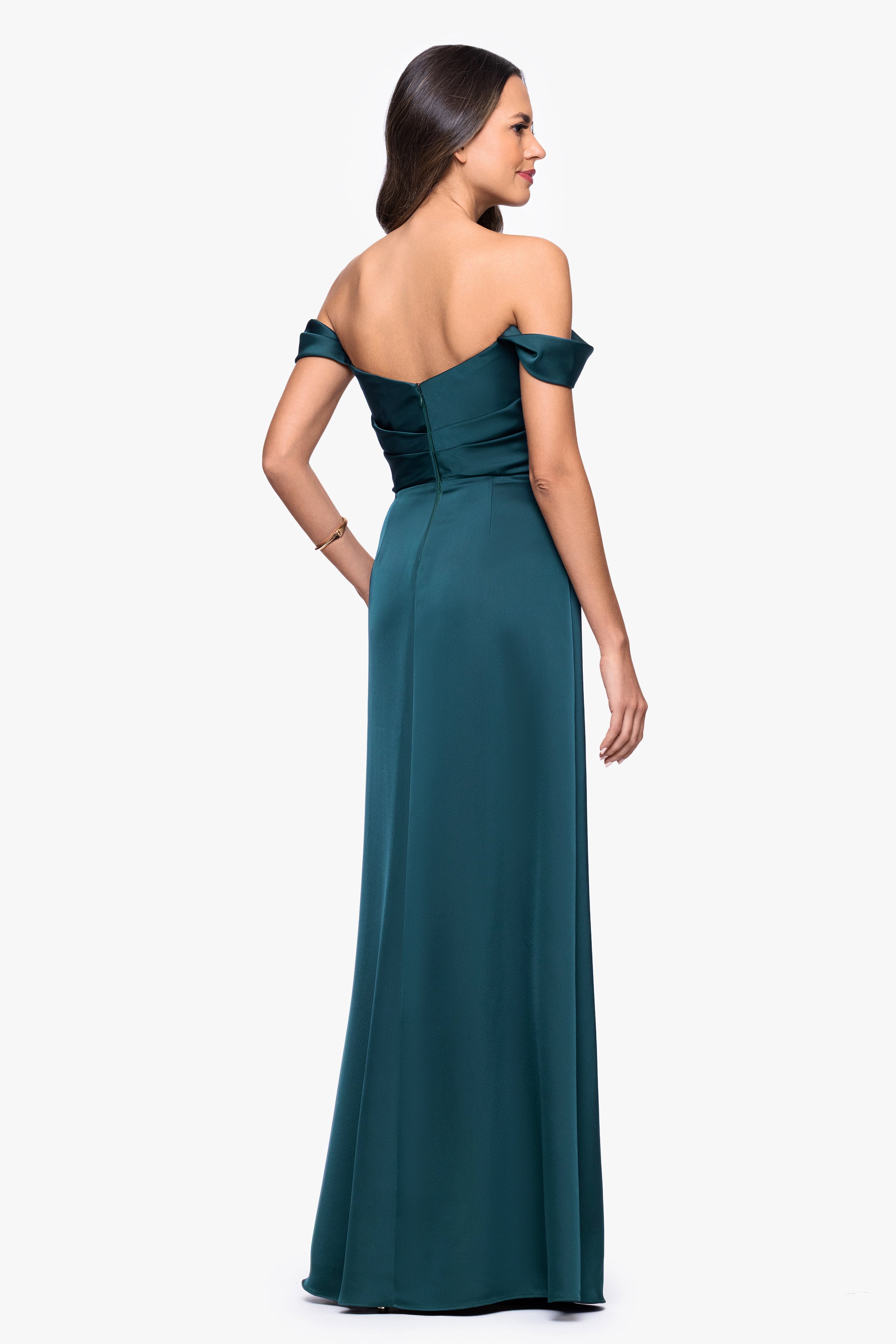 "Heather" Satin Off the Shoulder Floor Length Dress