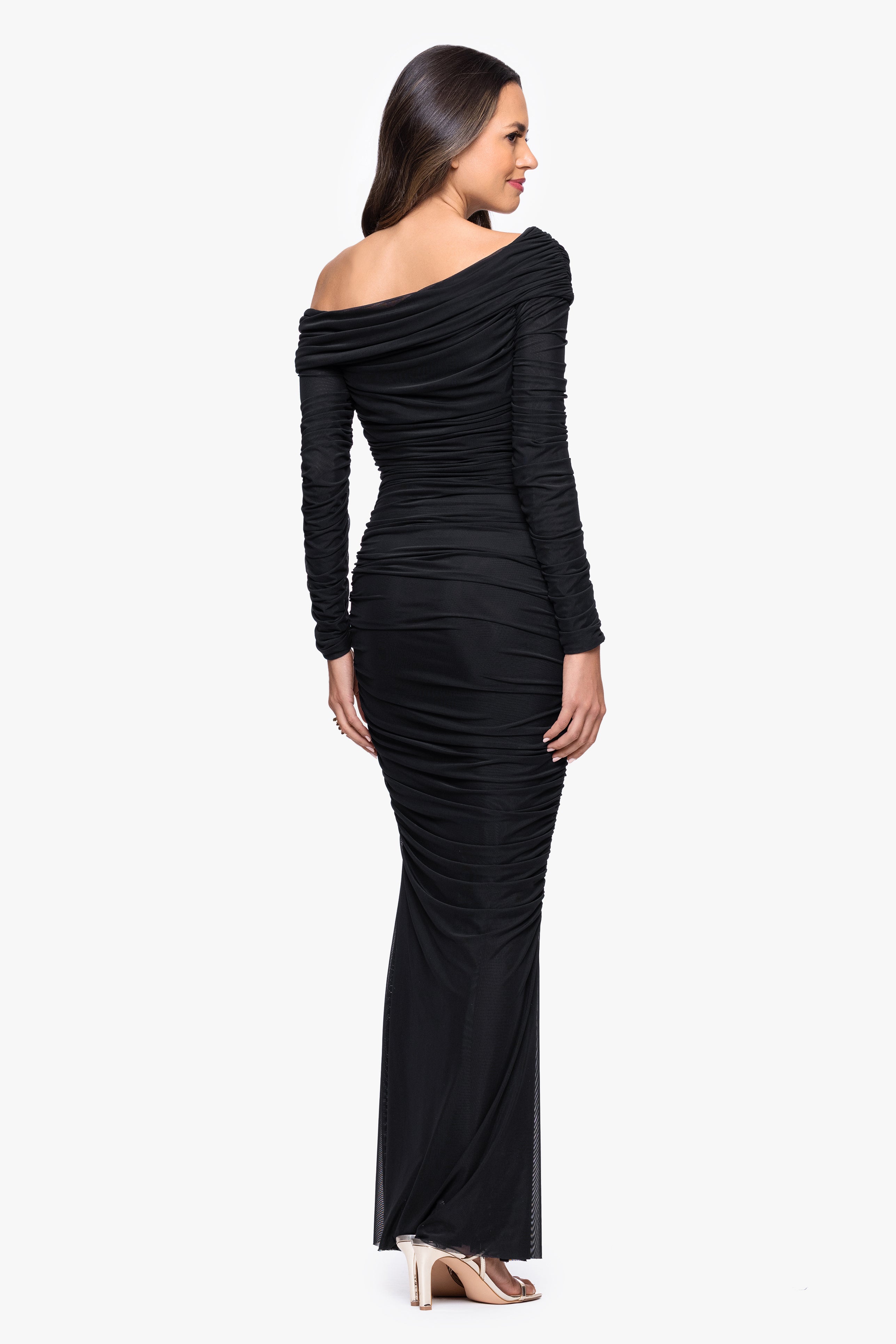 "Hannah" Mesh Rouching Drop Shoulder Long Sleeve Dress