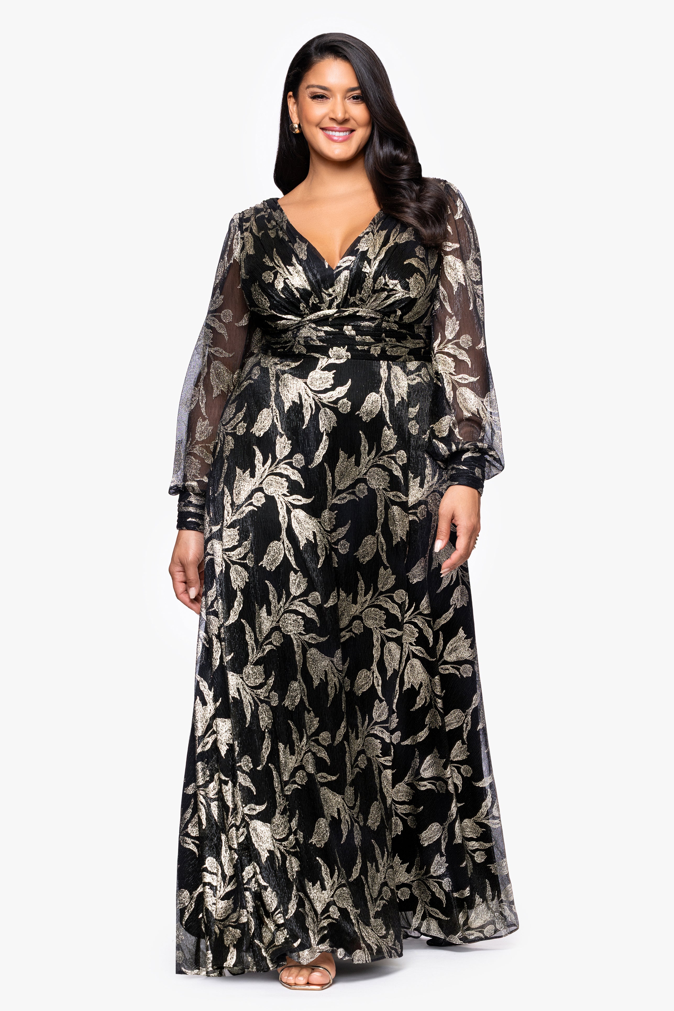 Plus "Shayna" Metallic Foil Print Long Sleeve Floor Length Dress
