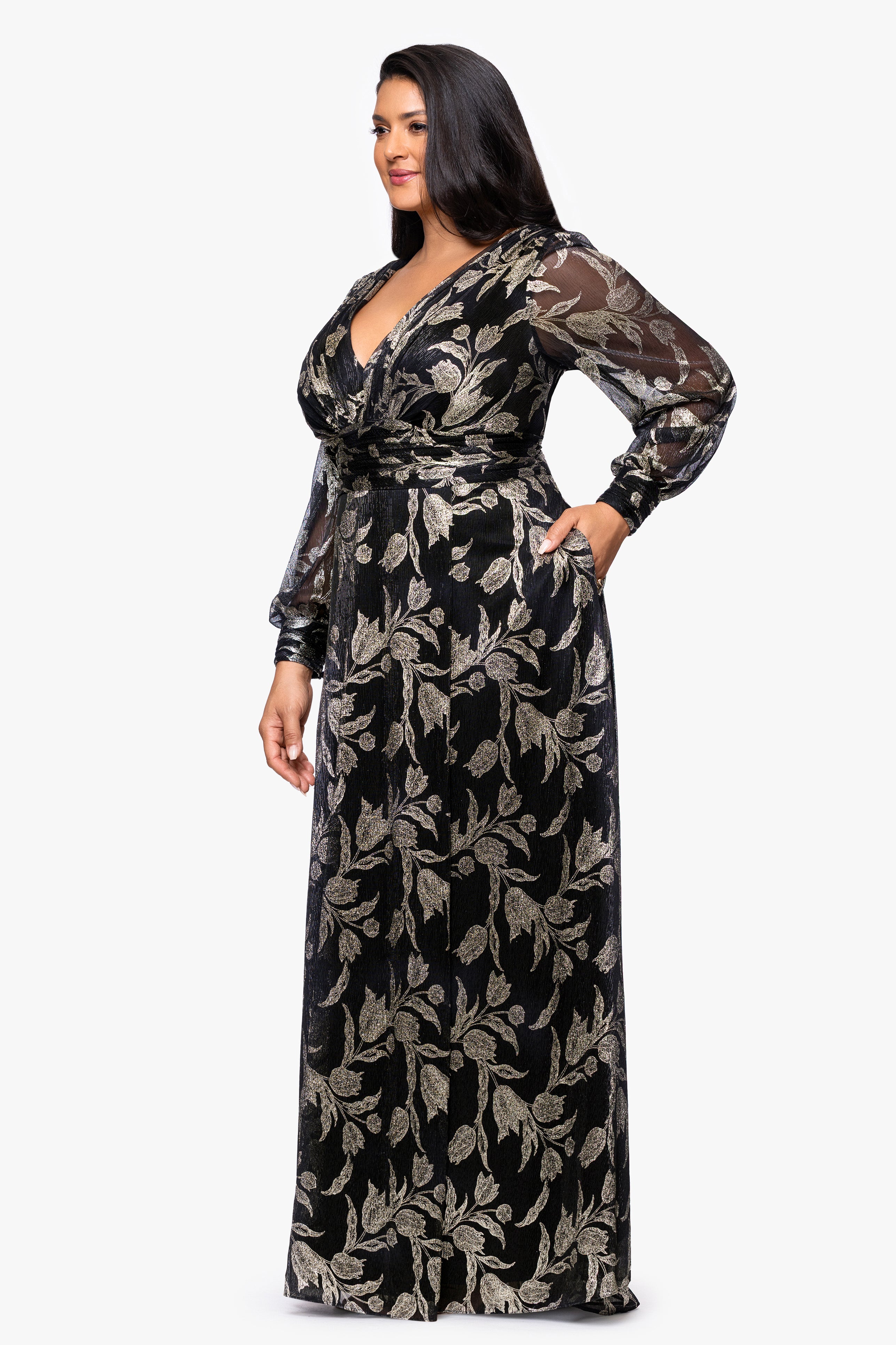 Plus "Shayna" Metallic Foil Print Long Sleeve Floor Length Dress