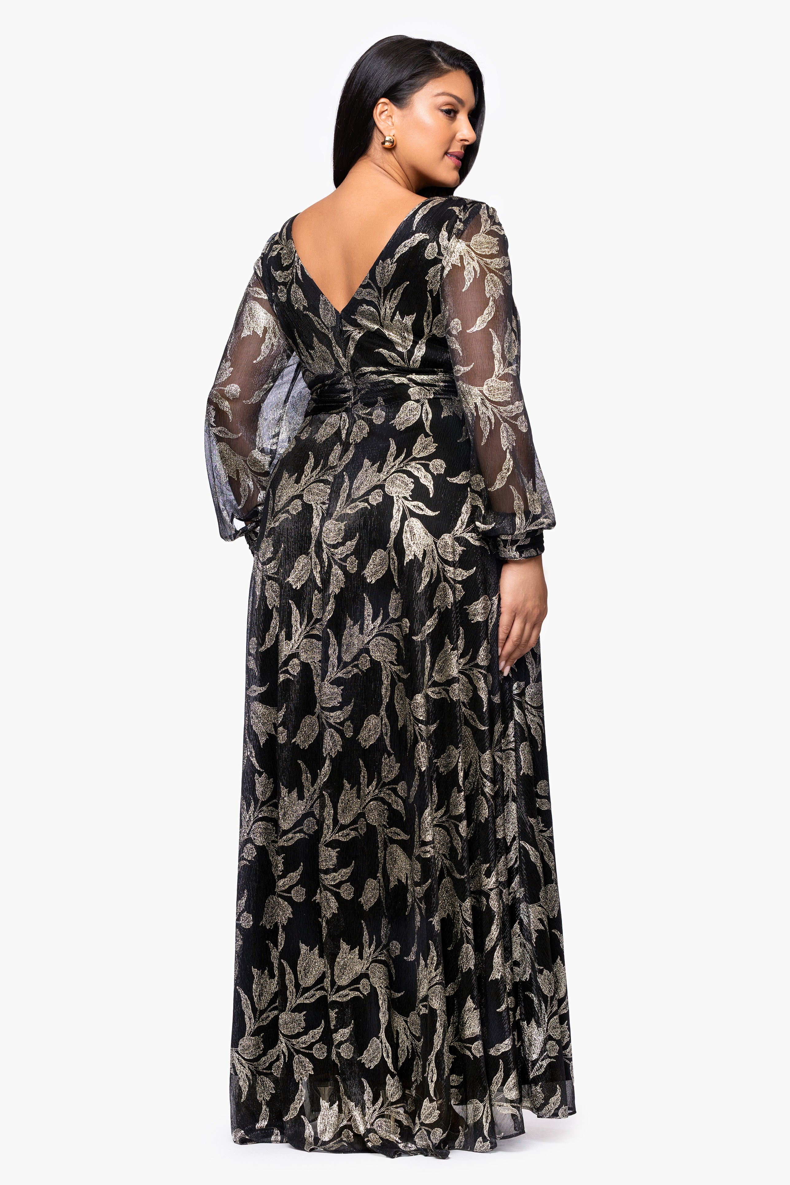Plus "Shayna" Metallic Foil Print Long Sleeve Floor Length Dress
