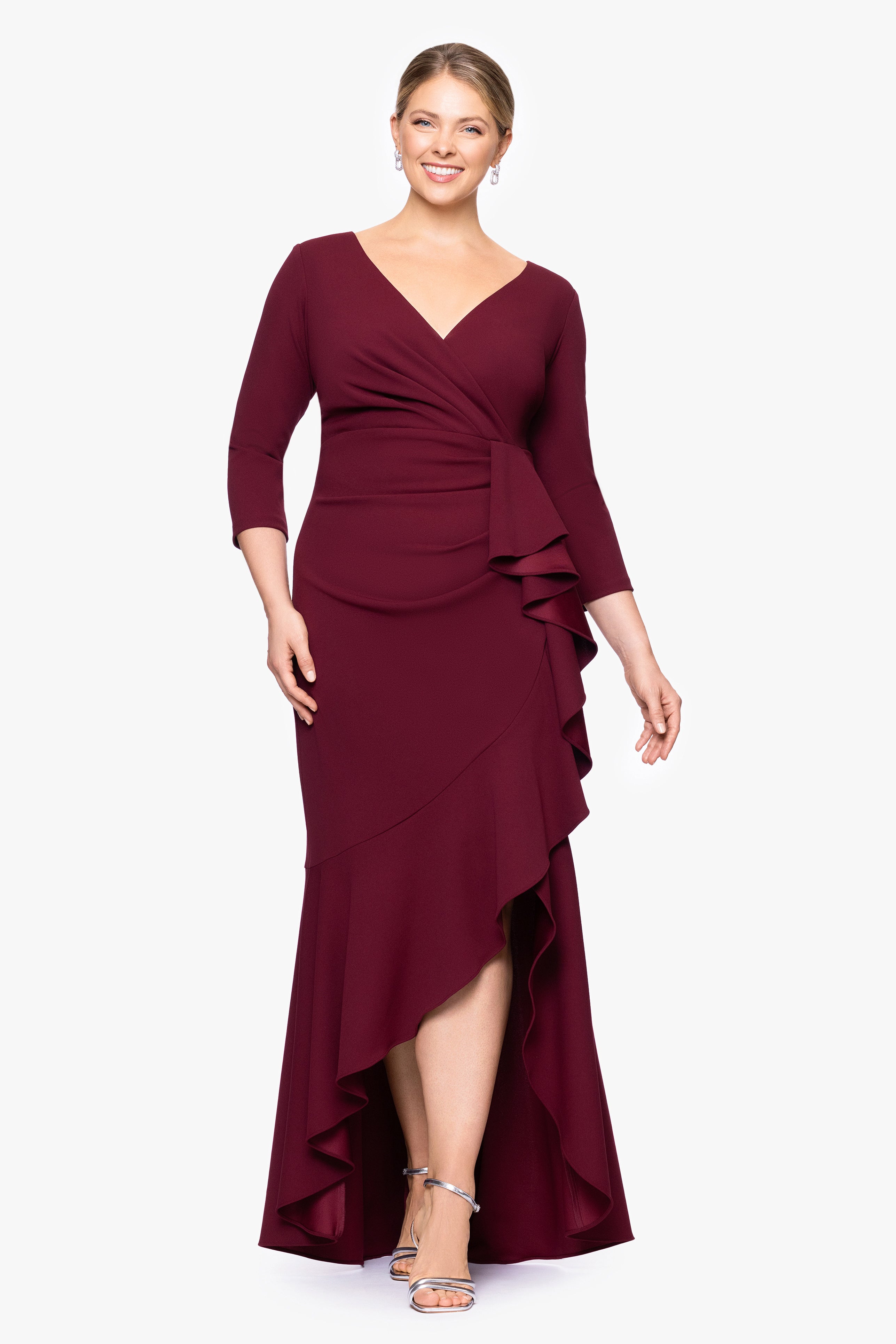 Plus "Pauline" Scuba Crepe 3/4 Sleeve Ruffle Floor Length Dress