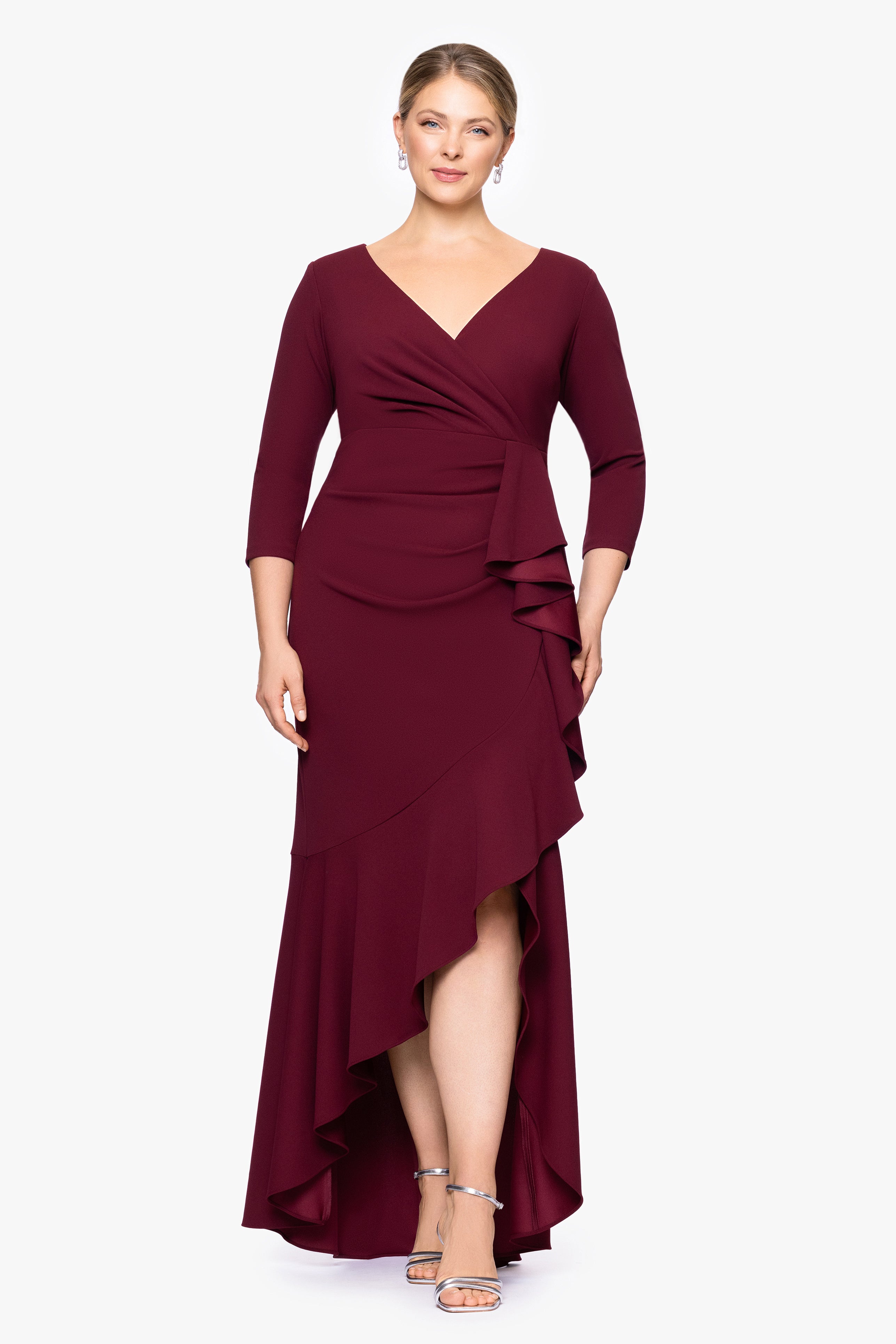 Plus "Pauline" Scuba Crepe 3/4 Sleeve Ruffle Floor Length Dress