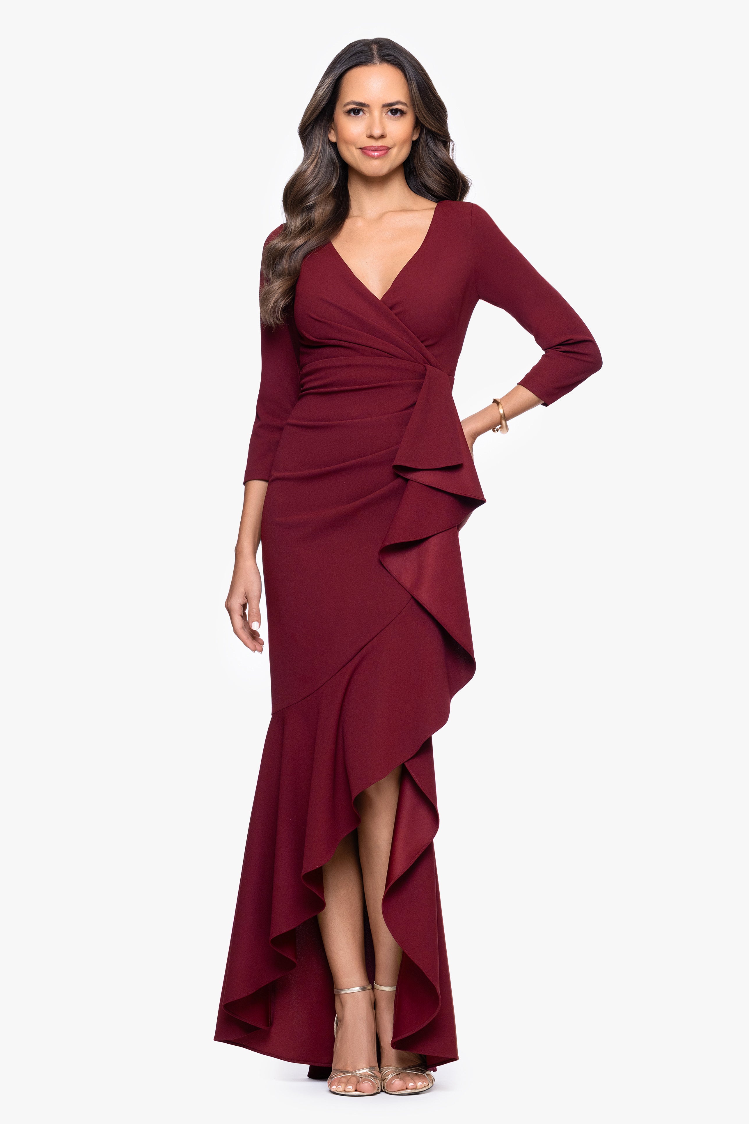 "Pauline" Scuba Crepe 3/4 Sleeve Ruffle Floor Length Dress