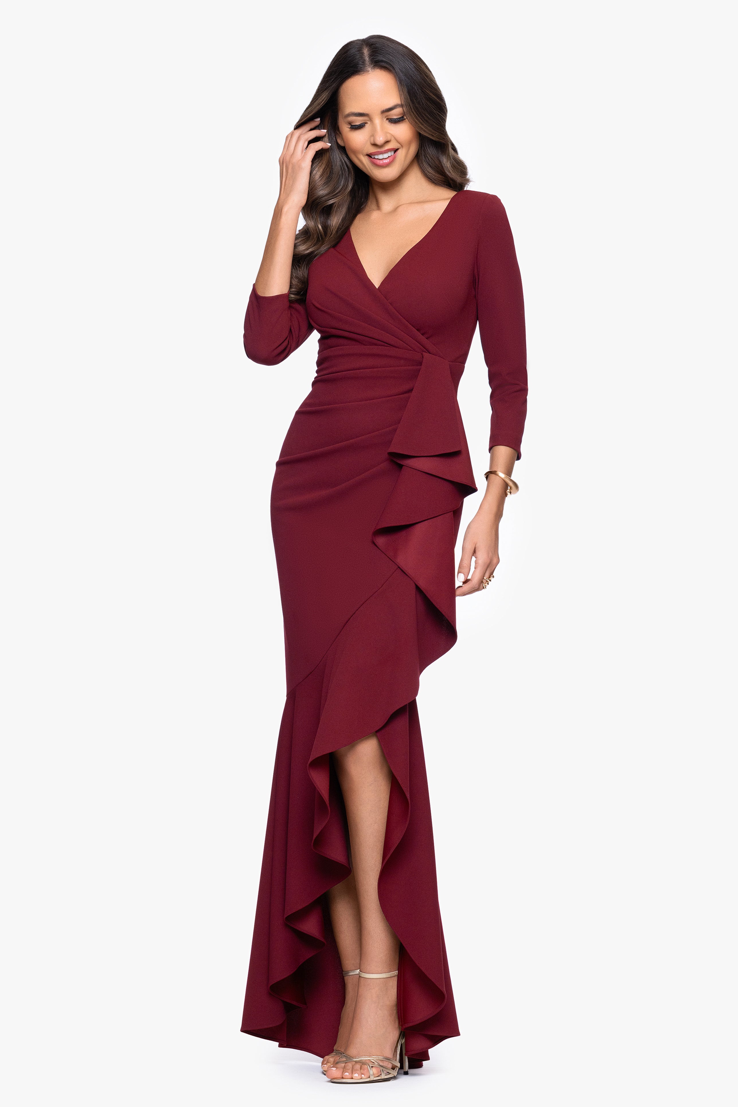 "Pauline" Scuba Crepe 3/4 Sleeve Ruffle Floor Length Dress