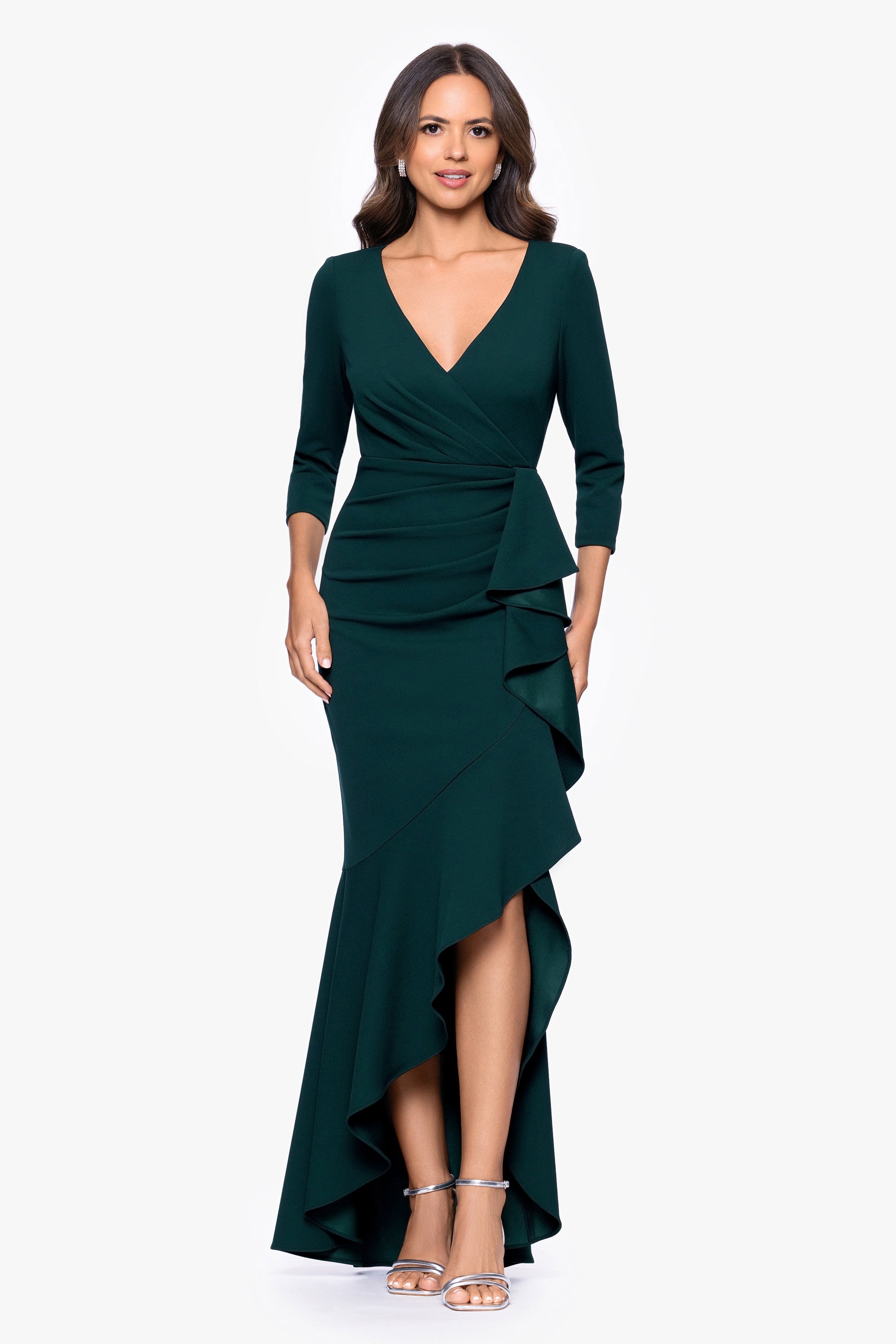 "Pauline" Scuba Crepe 3/4 Sleeve Ruffle Floor Length Dress