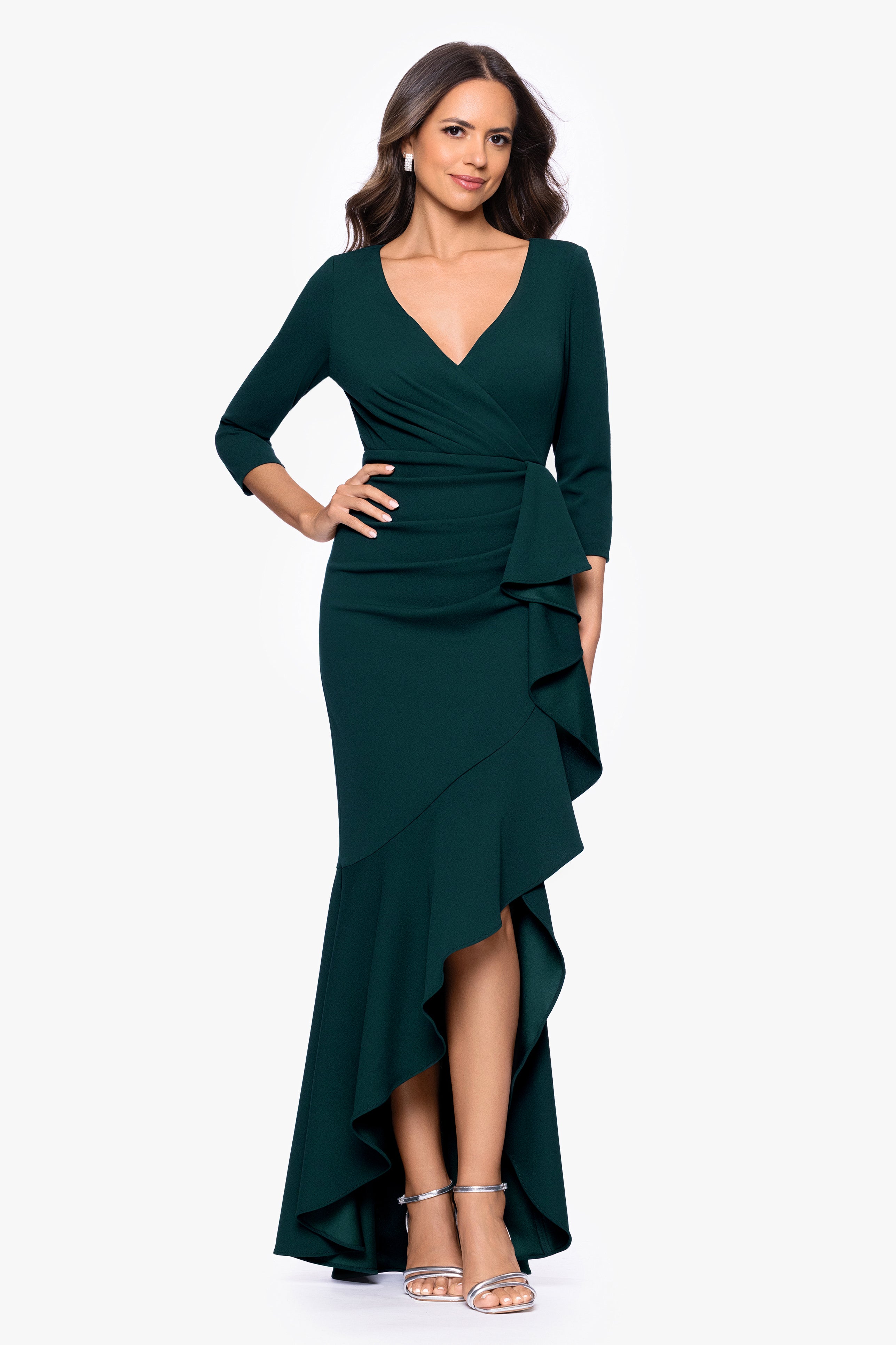 "Pauline" Scuba Crepe 3/4 Sleeve Ruffle Floor Length Dress