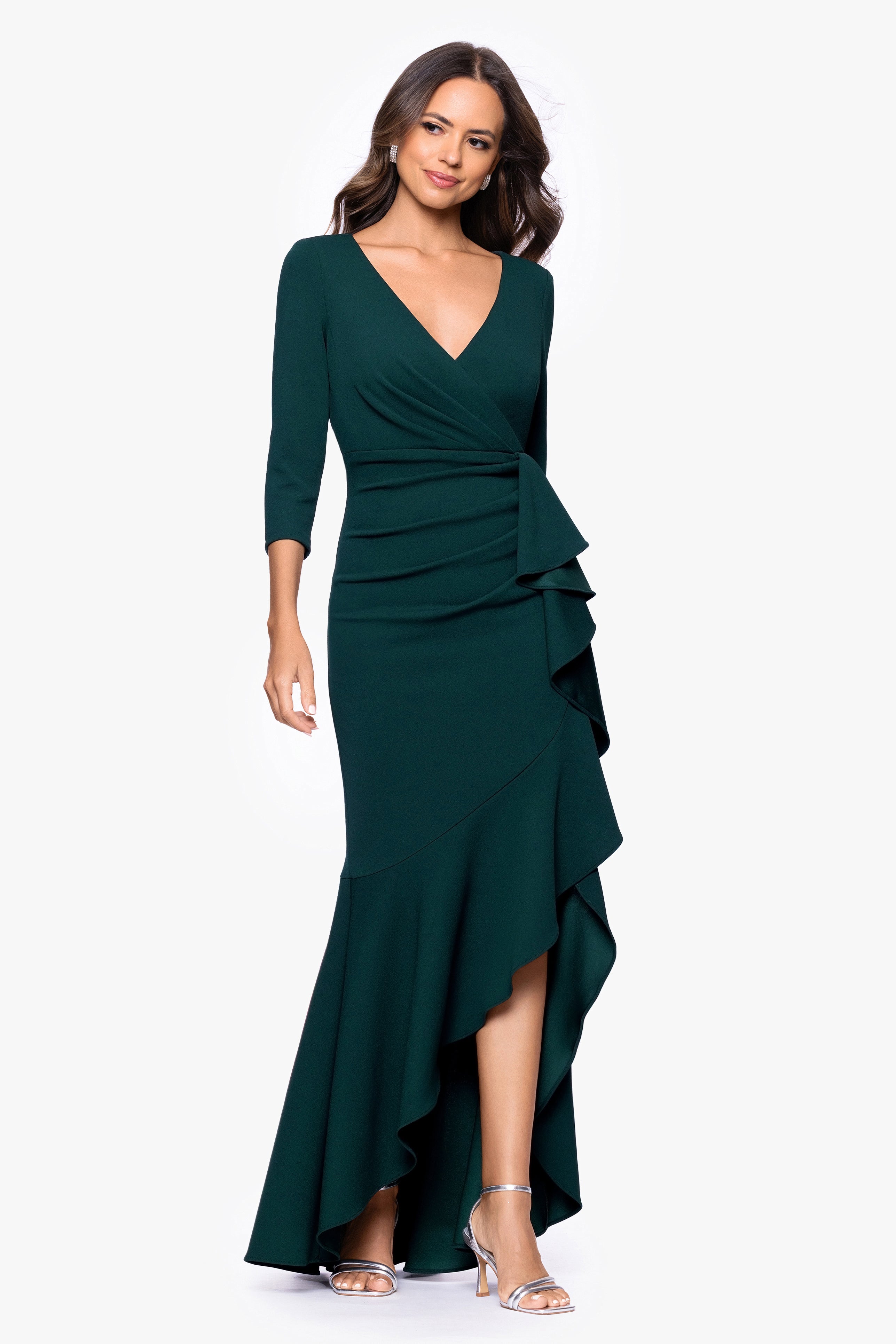 "Pauline" Scuba Crepe 3/4 Sleeve Ruffle Floor Length Dress