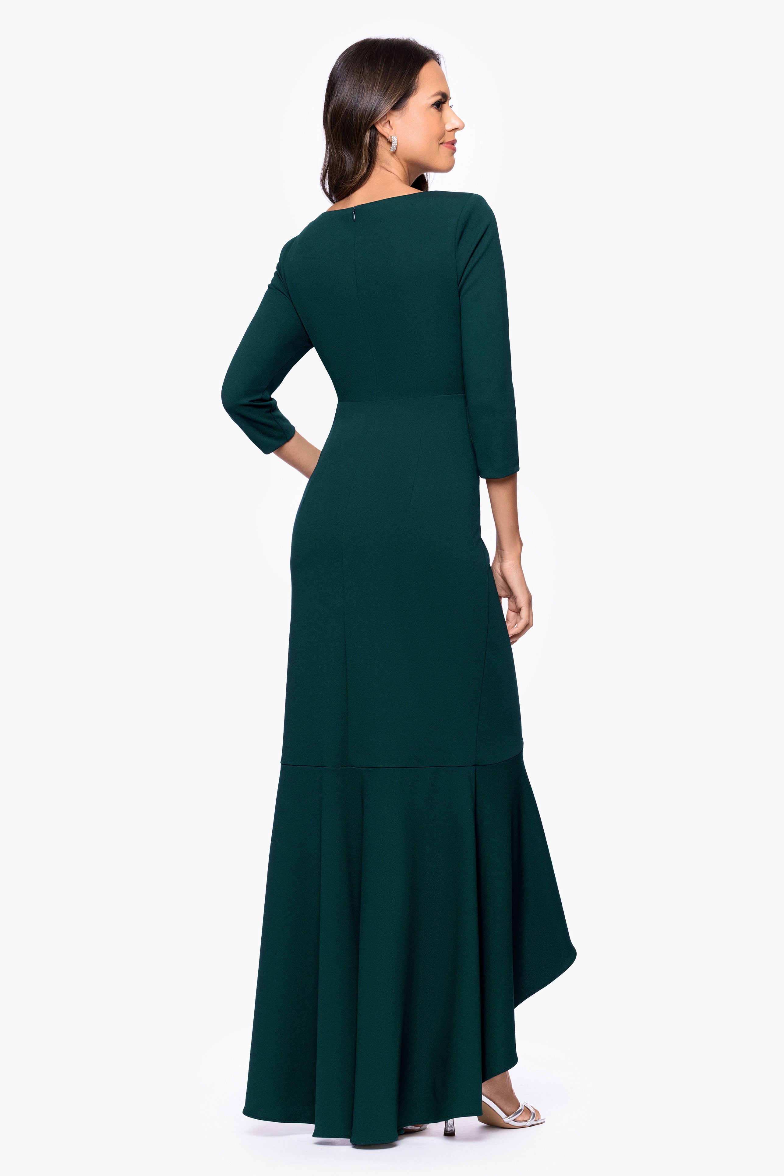 "Pauline" Scuba Crepe 3/4 Sleeve Ruffle Floor Length Dress