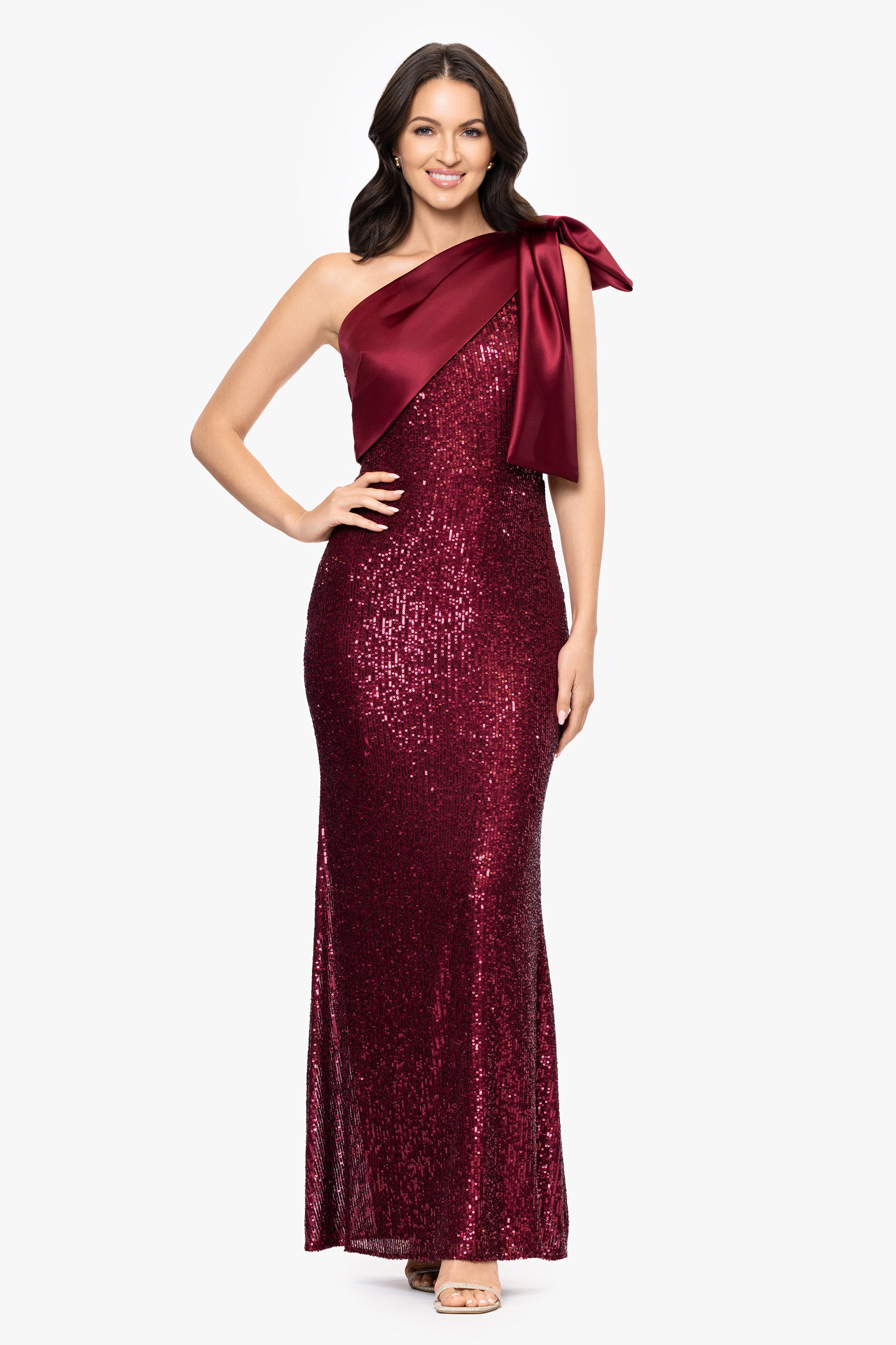 "Paulette" Long Sequin One Shoulder with Satin Bow Floor Length Dress