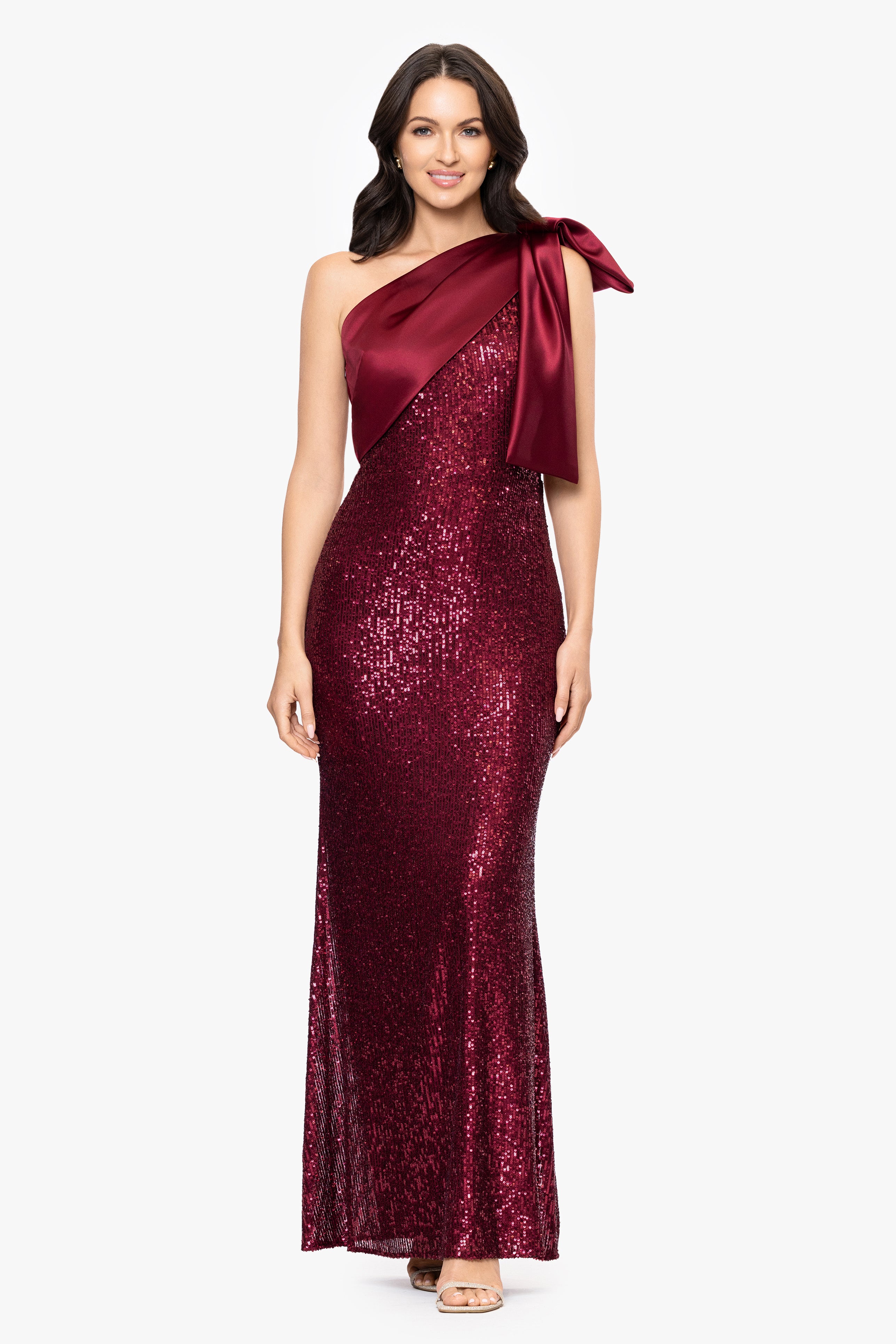 "Paulette" Long Sequin One Shoulder with Satin Bow Floor Length Dress