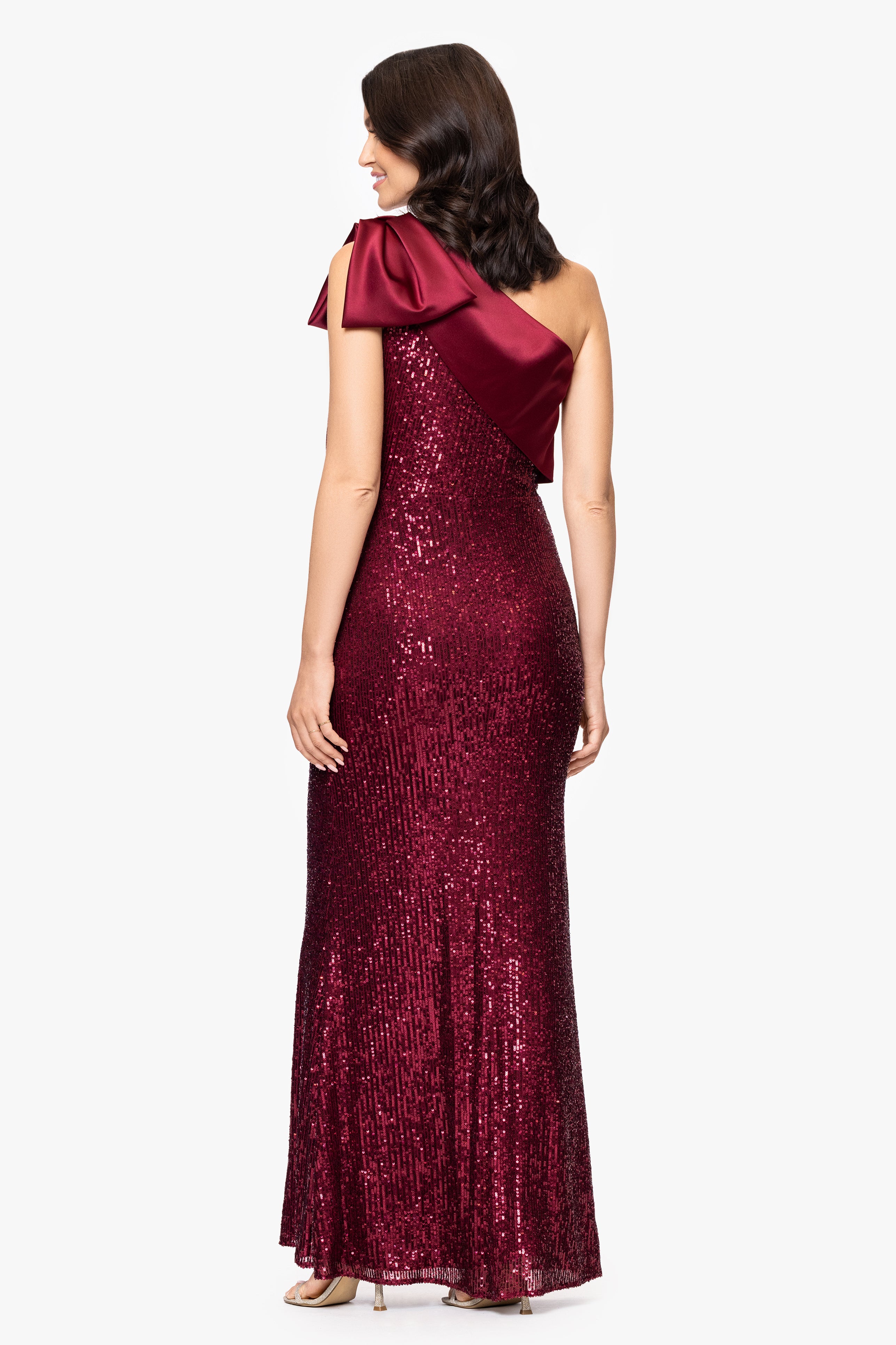 "Paulette" Long Sequin One Shoulder with Satin Bow Floor Length Dress