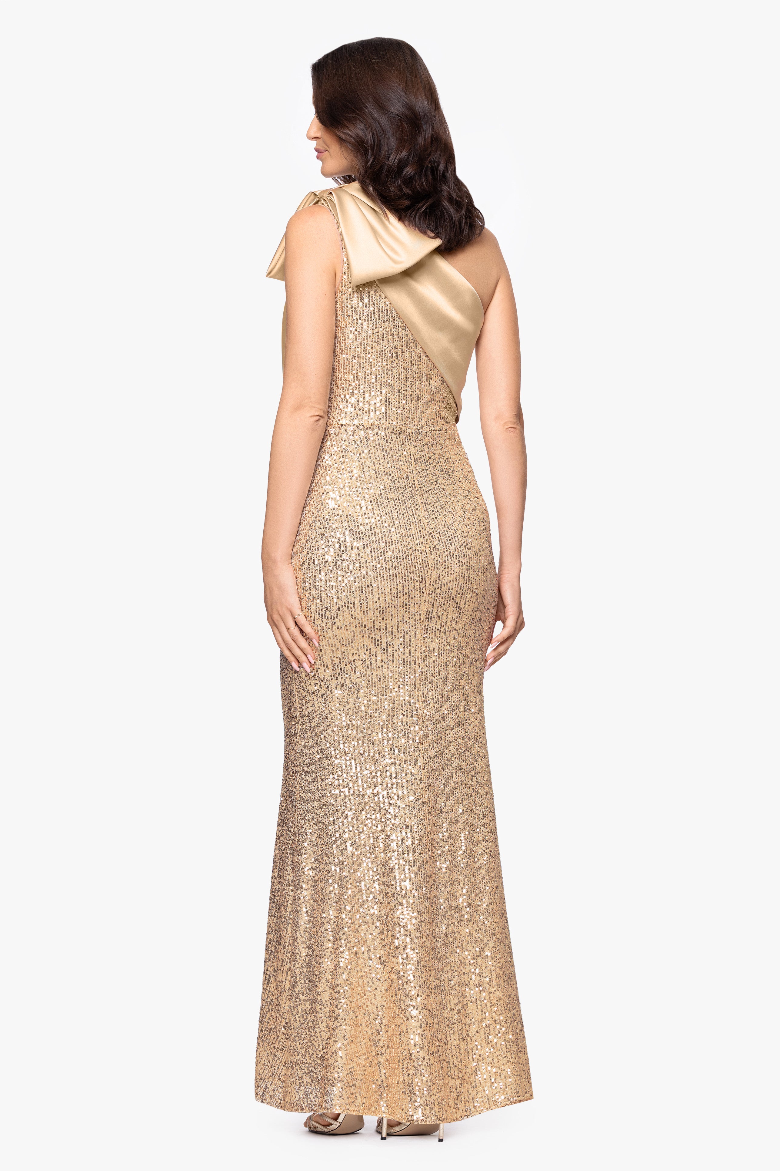 "Paulette" Long Sequin One Shoulder with Satin Bow Floor Length Dress