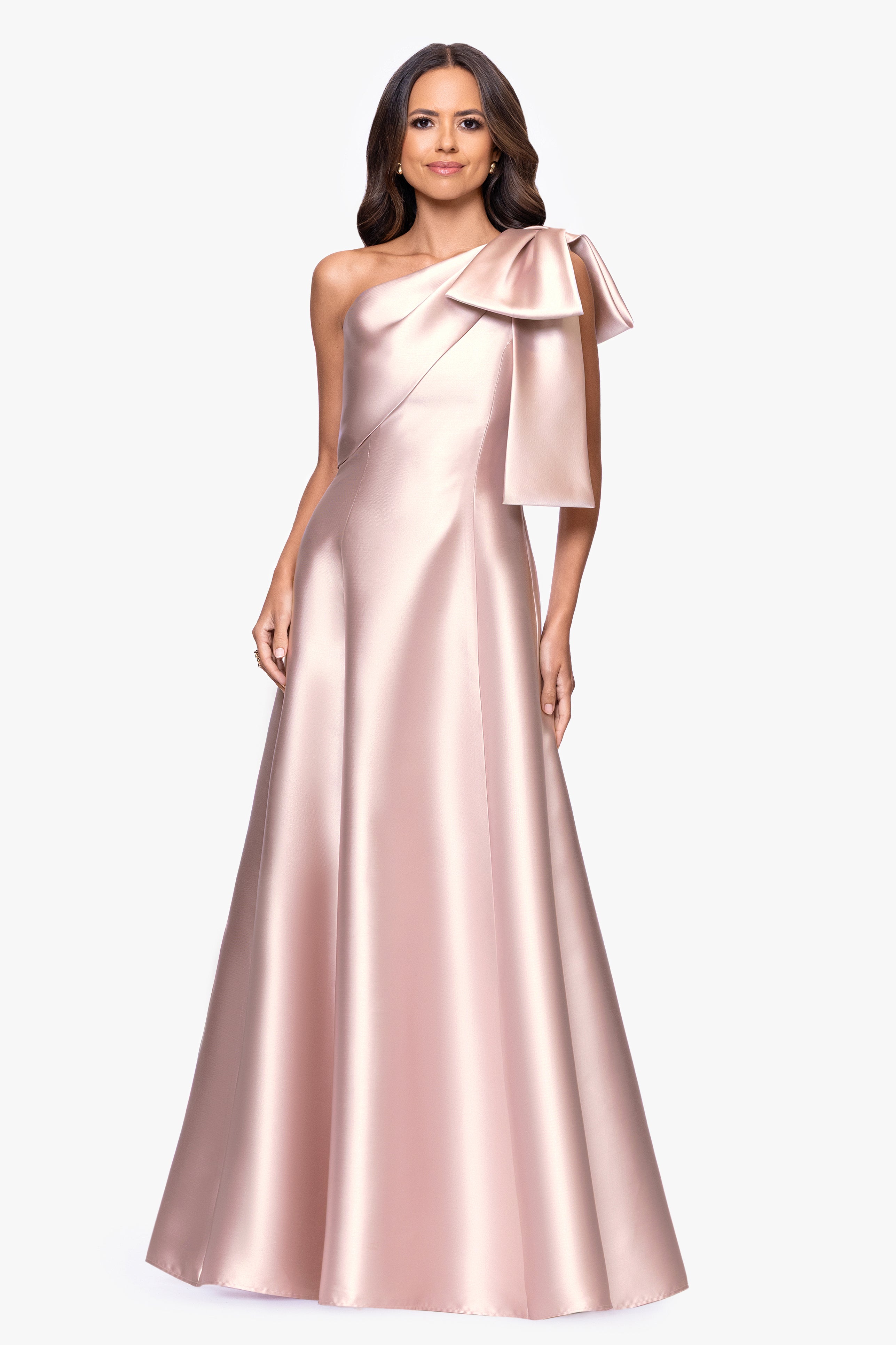 "Rachel" Mikado One Shoulder Bow A-Line Floor Length Dress