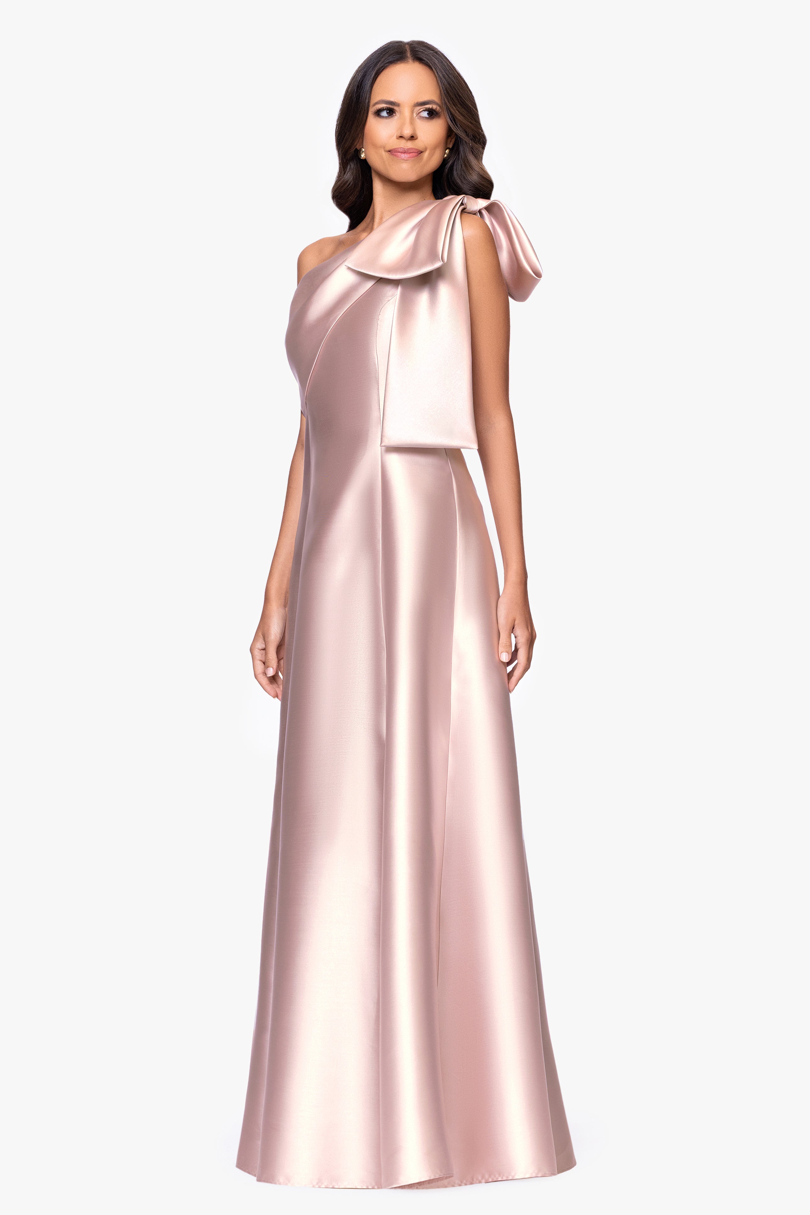 "Rachel" Mikado One Shoulder Bow A-Line Floor Length Dress