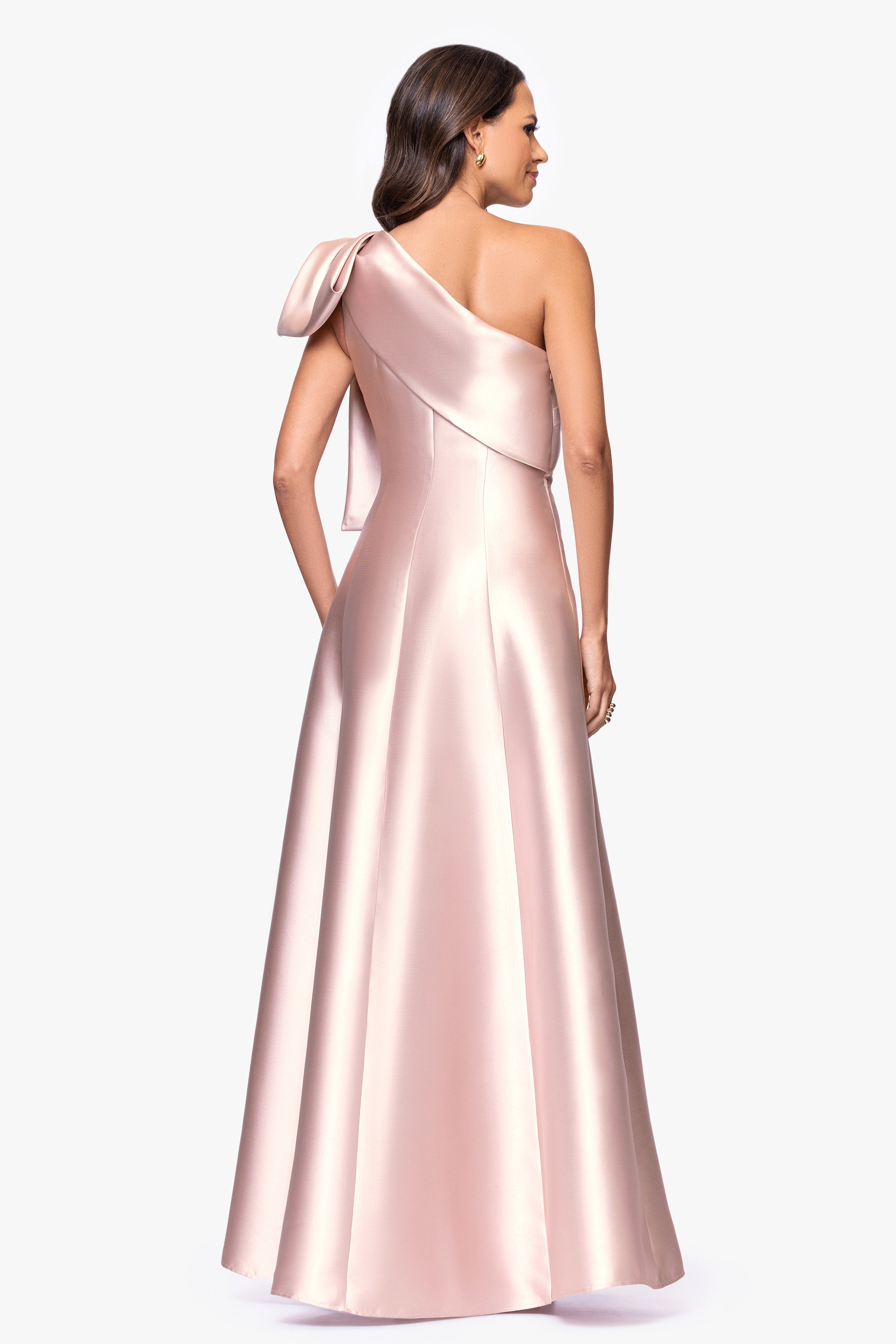 "Rachel" Mikado One Shoulder Bow A-Line Floor Length Dress