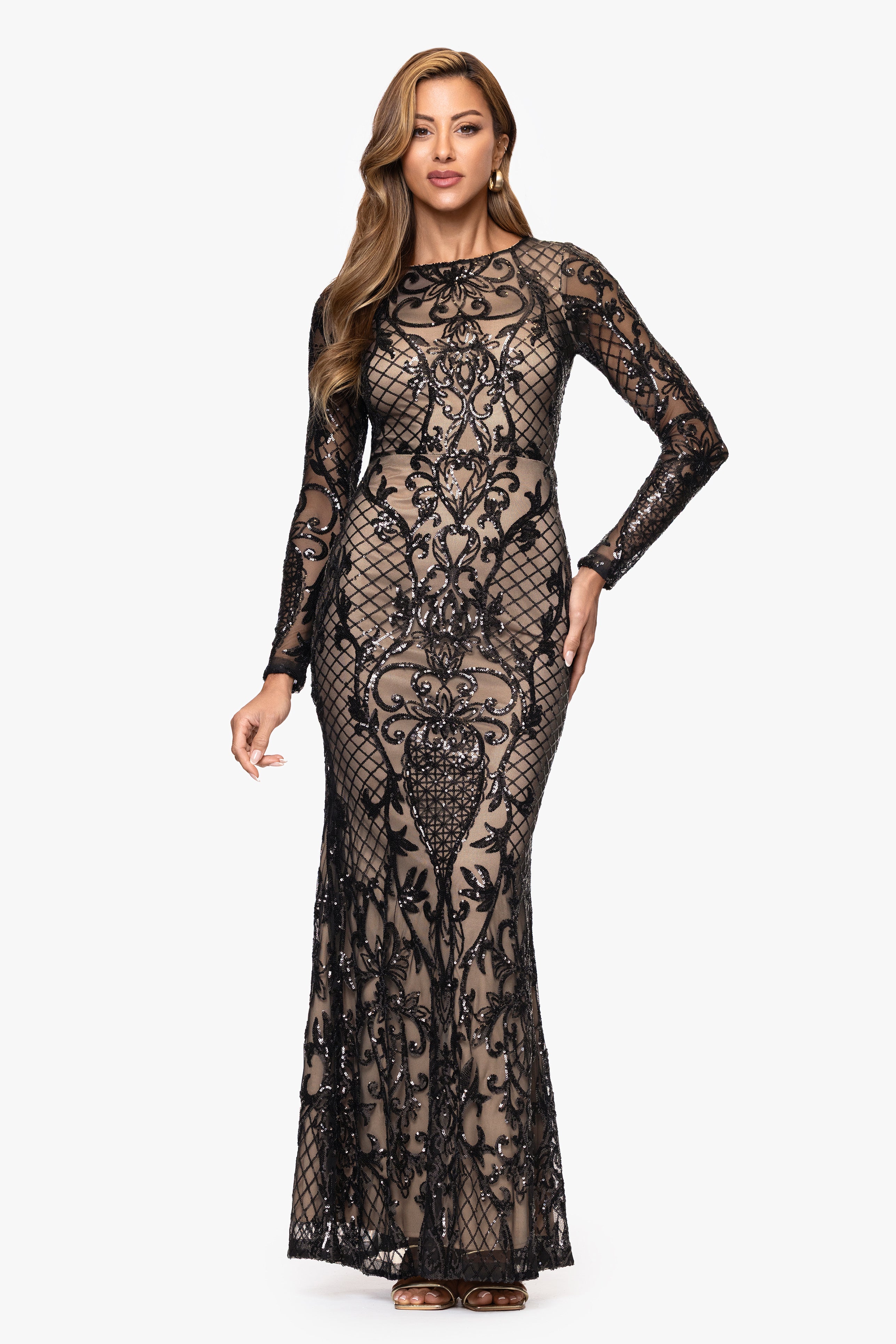 "Brianna" Sequin Placement Long Sleeve Floor Length Dress