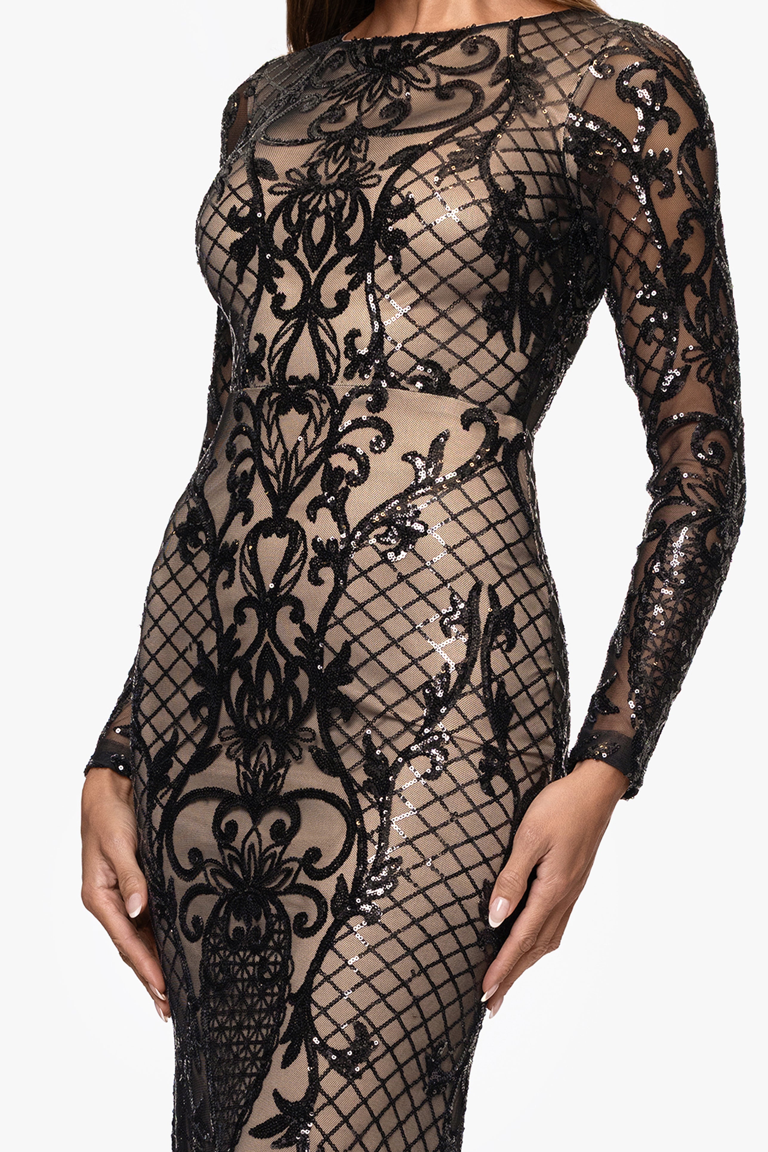 "Brianna" Sequin Placement Long Sleeve Floor Length Dress