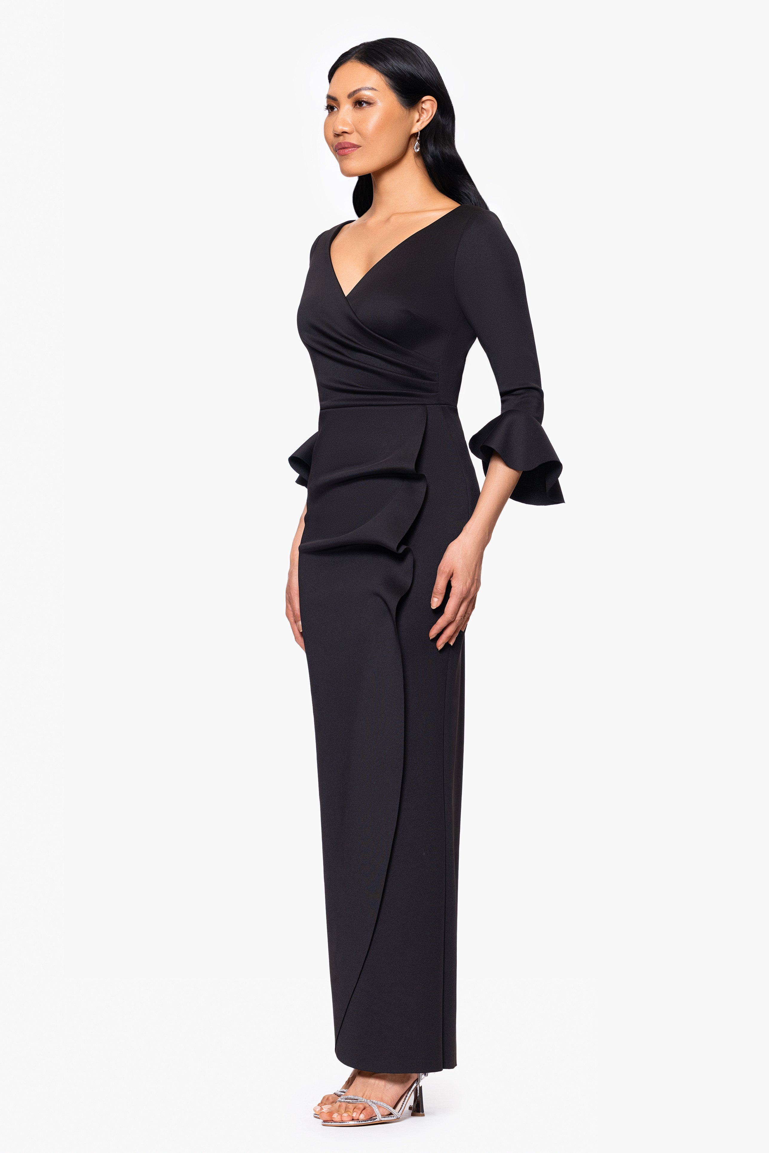 "Nancy" Scuba Bell Sleeve Floor Length Dress