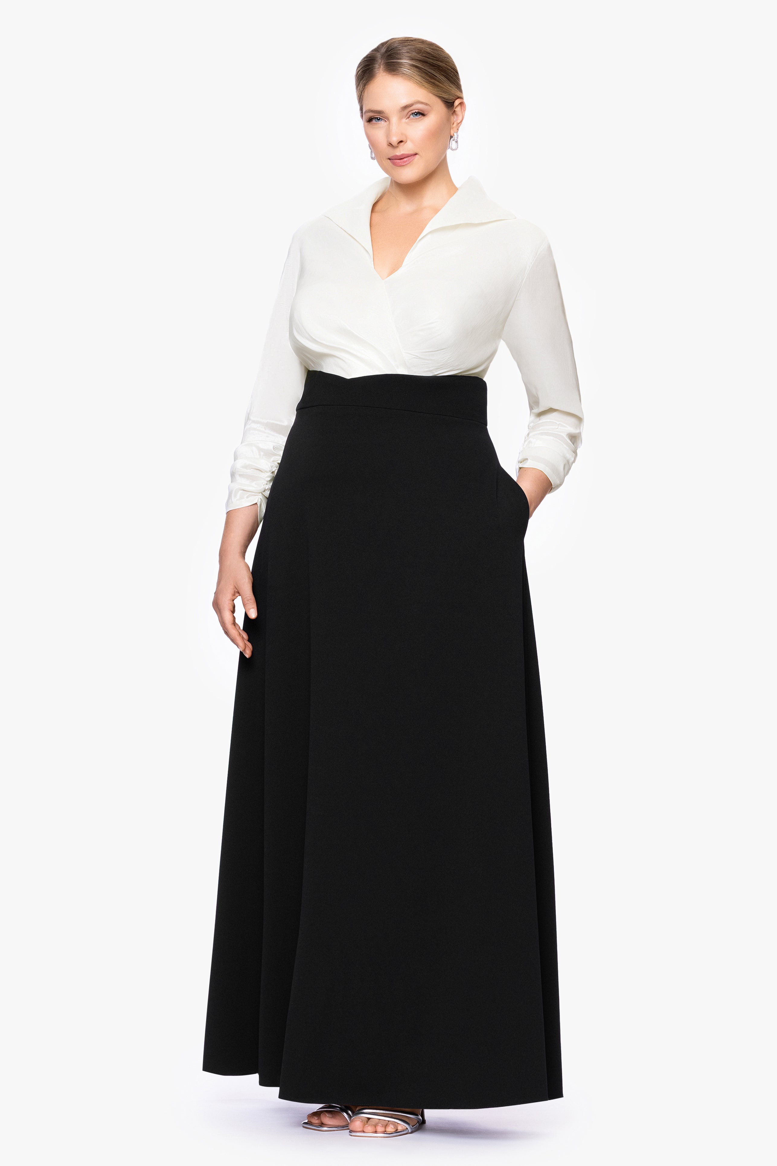 Plus "Beth" Taffeta and Scuba Crepe A-Line Floor Length Dress