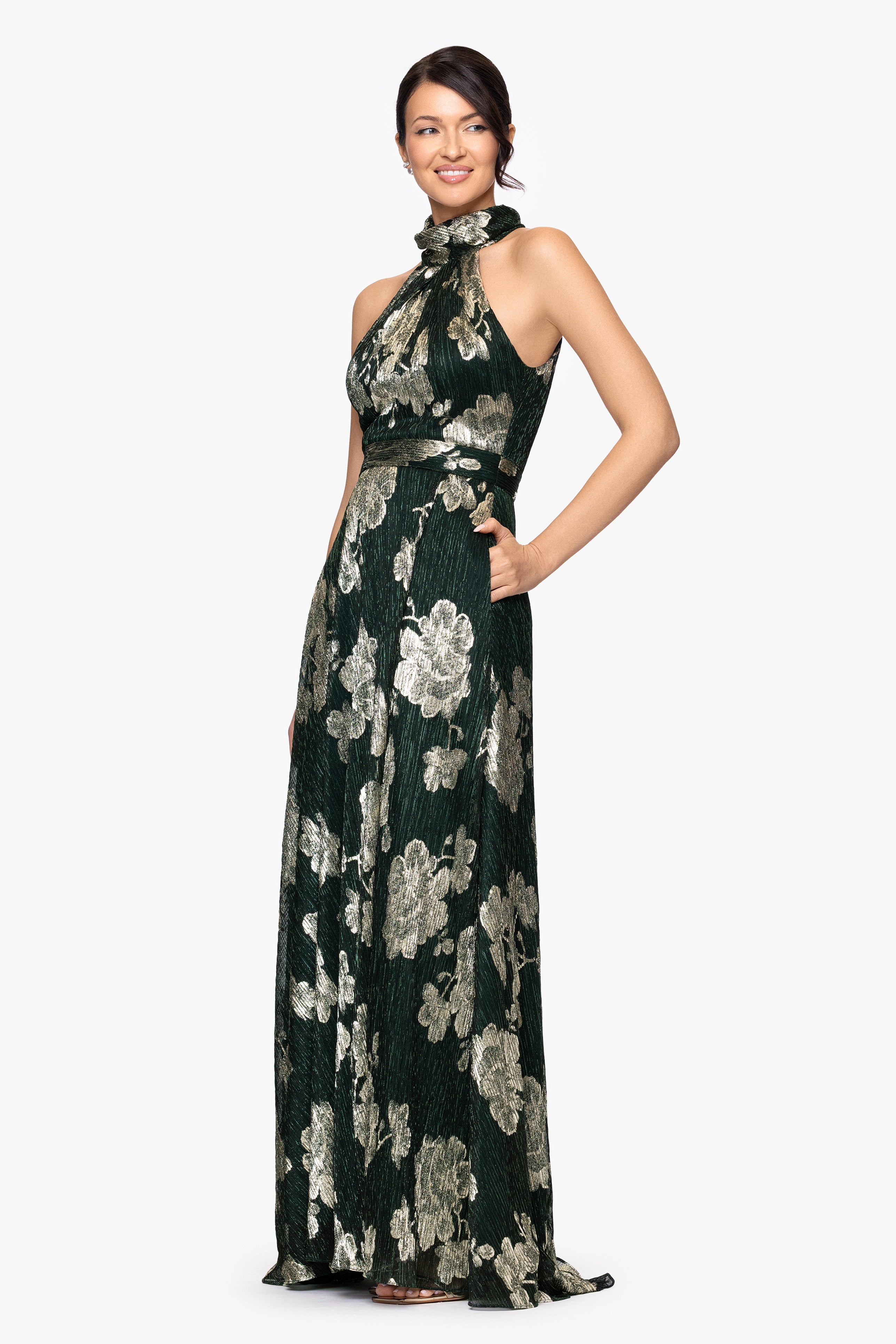 "Blake" Foil Knit High Halter Neck Floor Length Dress