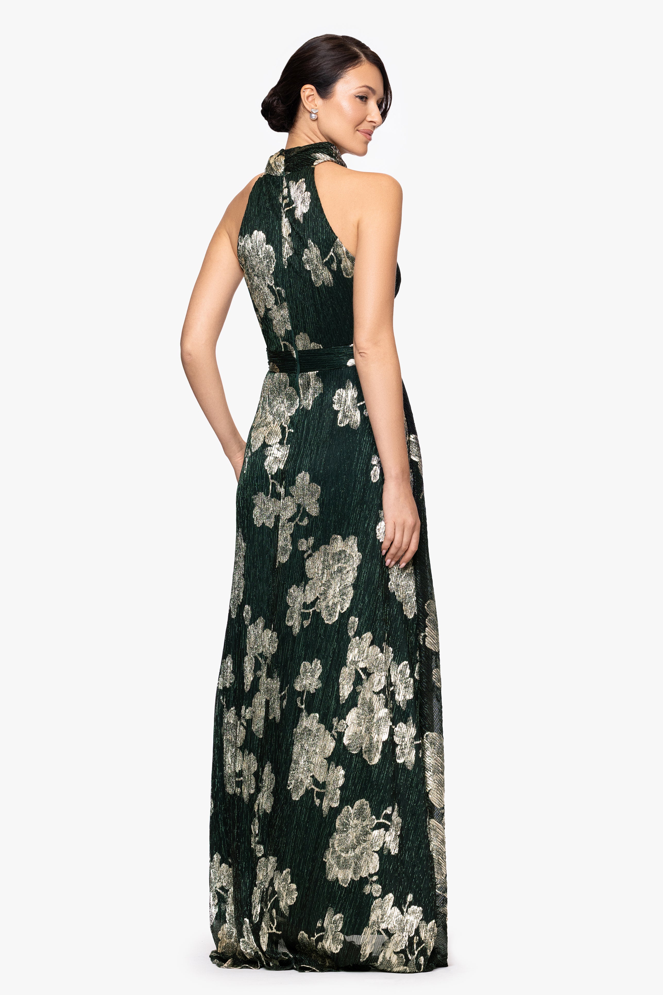 "Blake" Foil Knit High Halter Neck Floor Length Dress