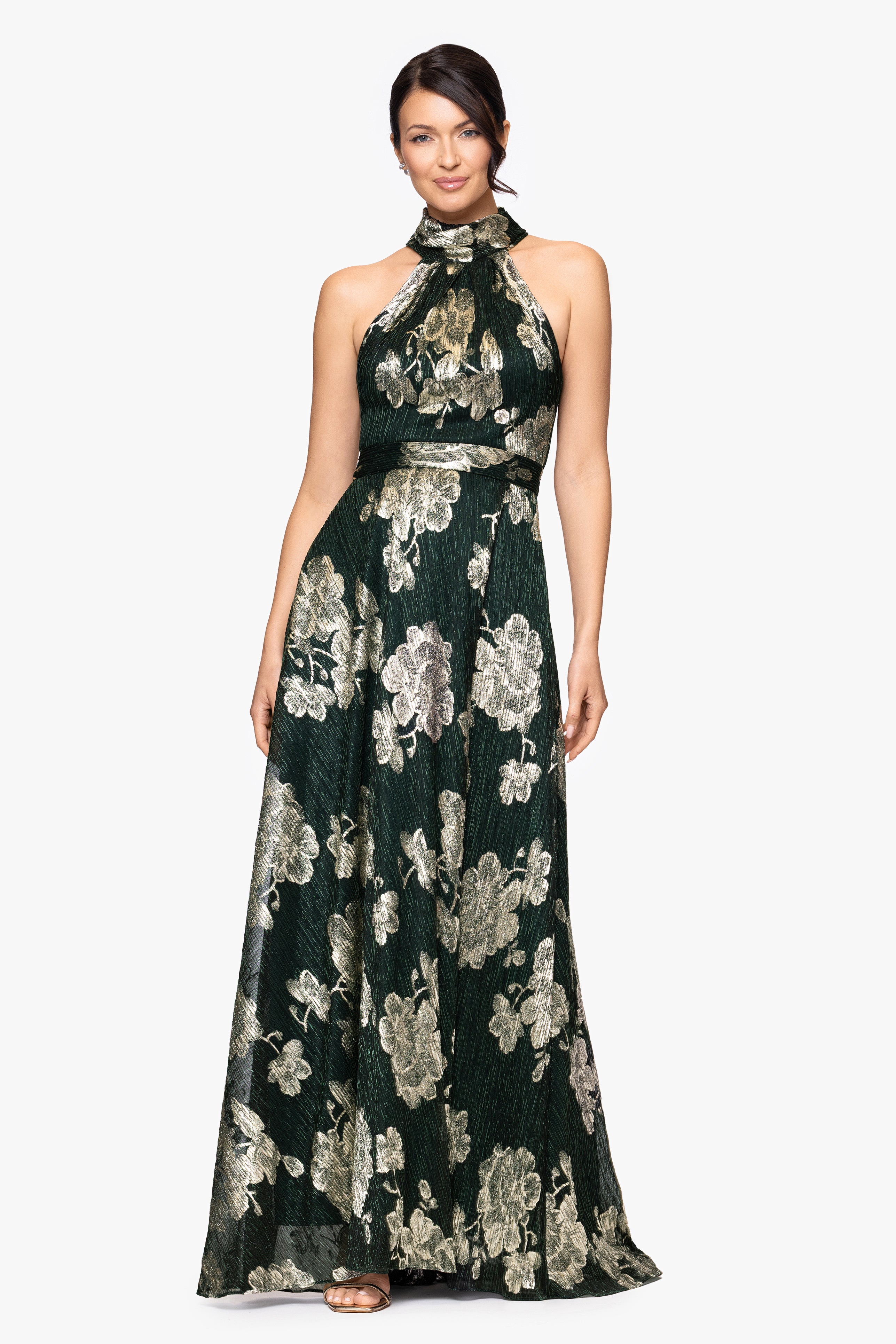 "Blake" Foil Knit High Halter Neck Floor Length Dress