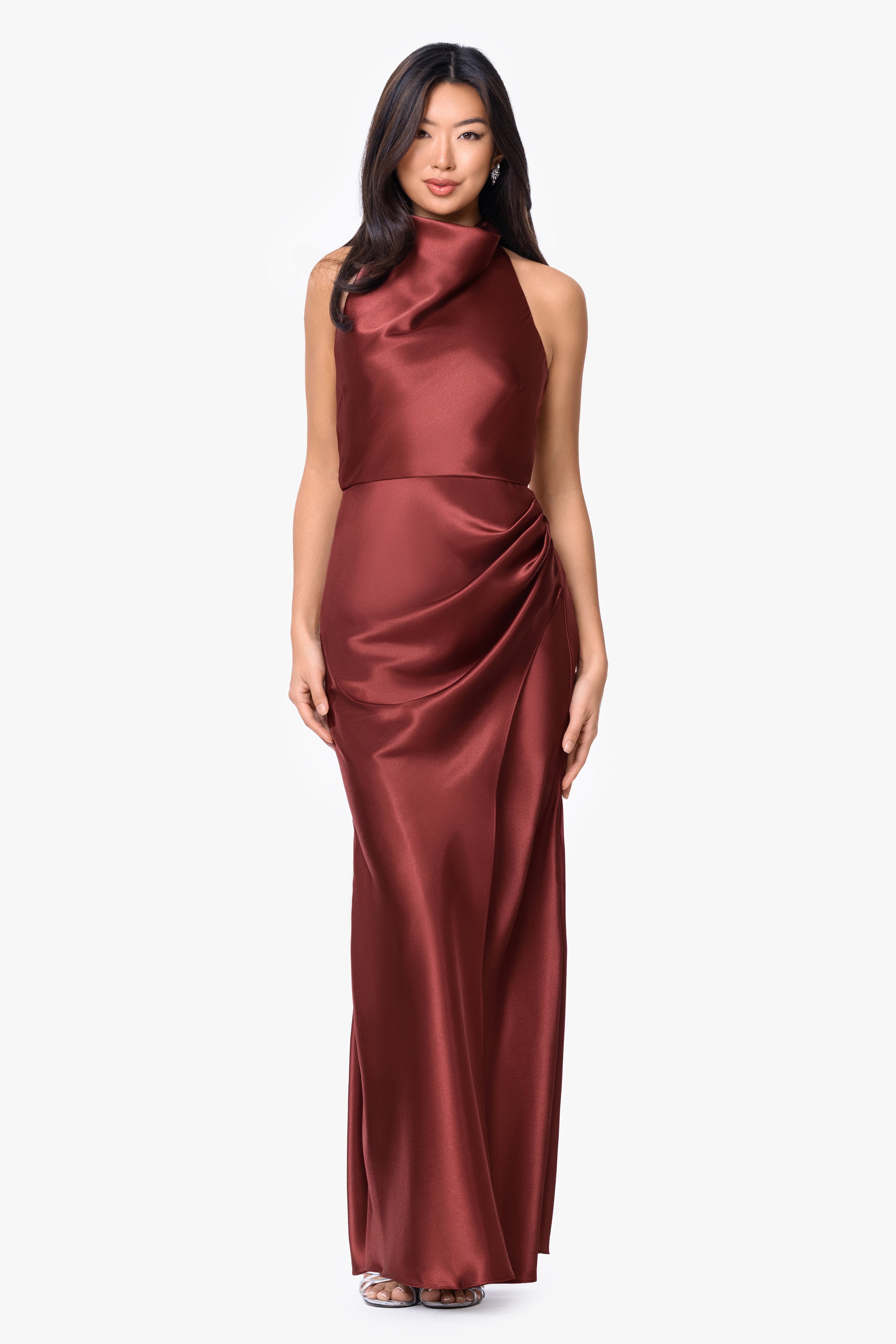 "Antonia" Satin Cowl Halter Neck Rouched Floor Length Dress