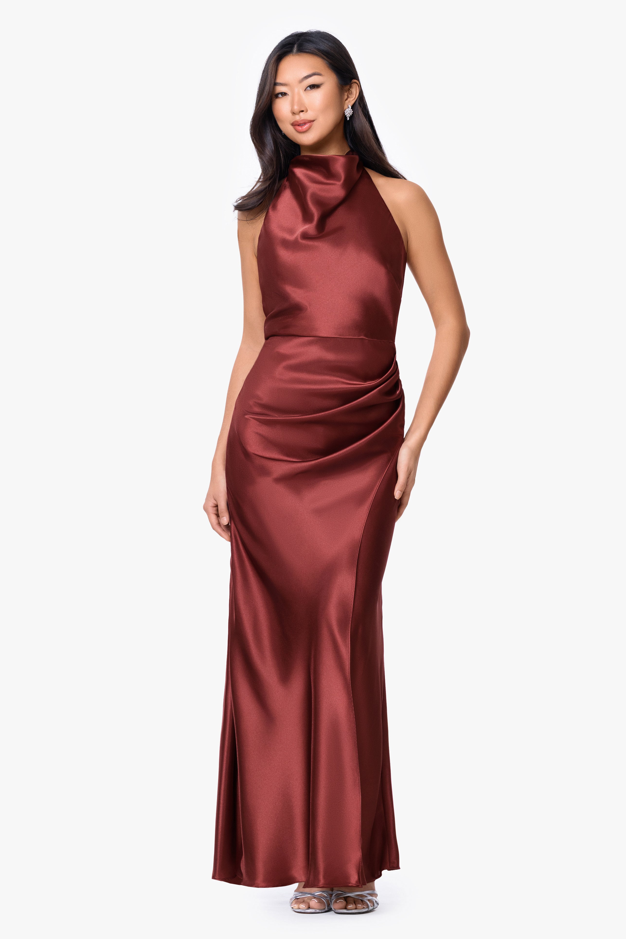 "Antonia" Satin Cowl Halter Neck Rouched Floor Length Dress