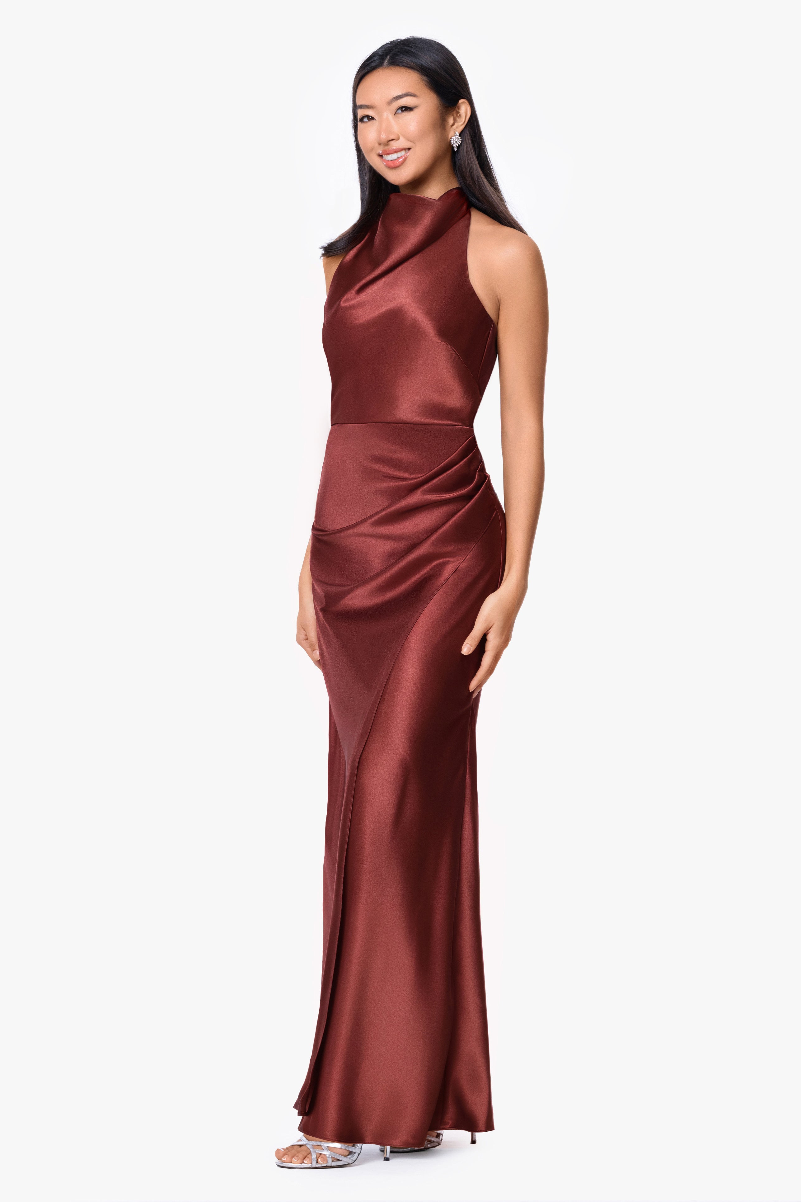 "Antonia" Satin Cowl Halter Neck Rouched Floor Length Dress