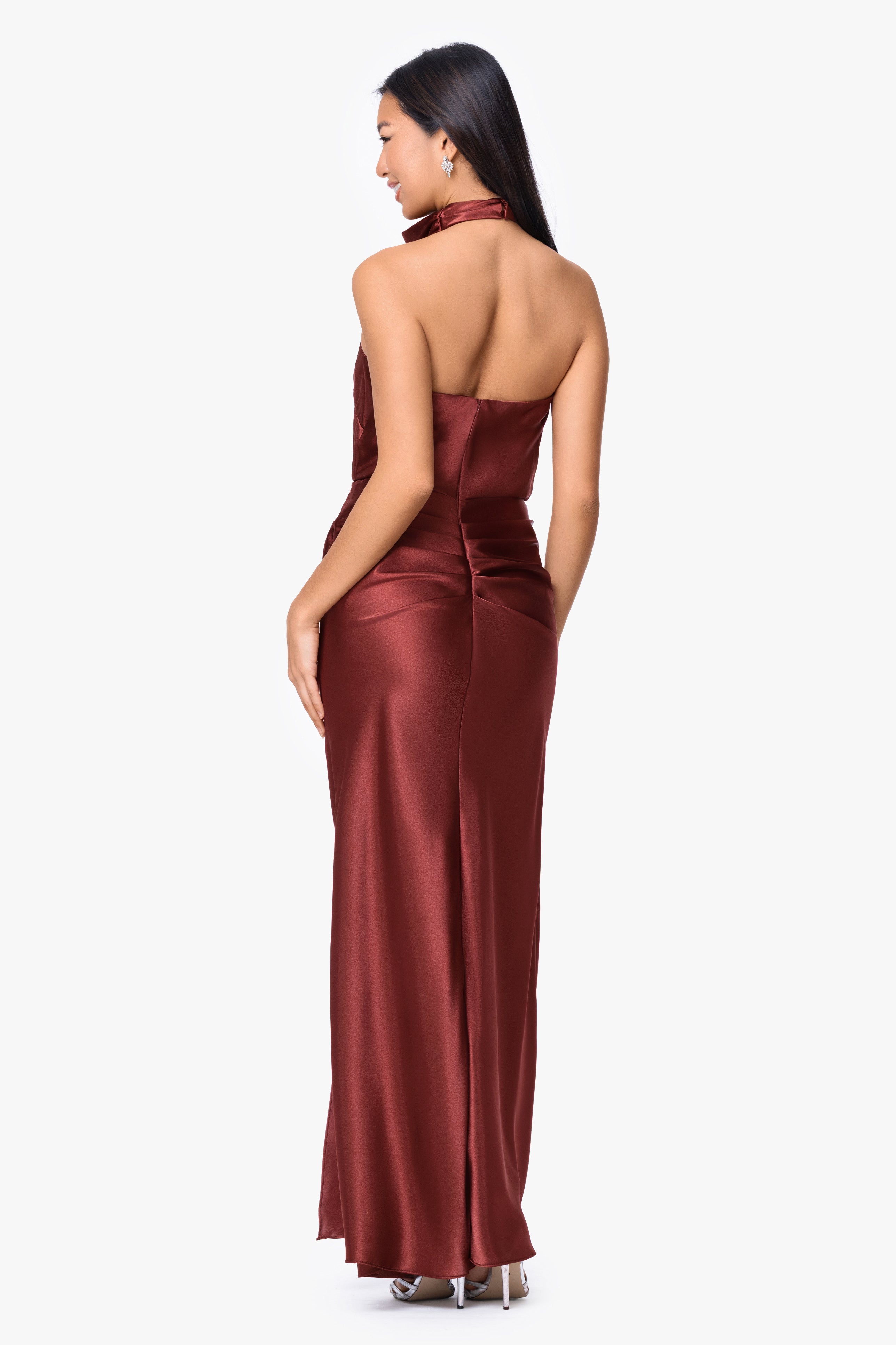 "Antonia" Satin Cowl Halter Neck Rouched Floor Length Dress