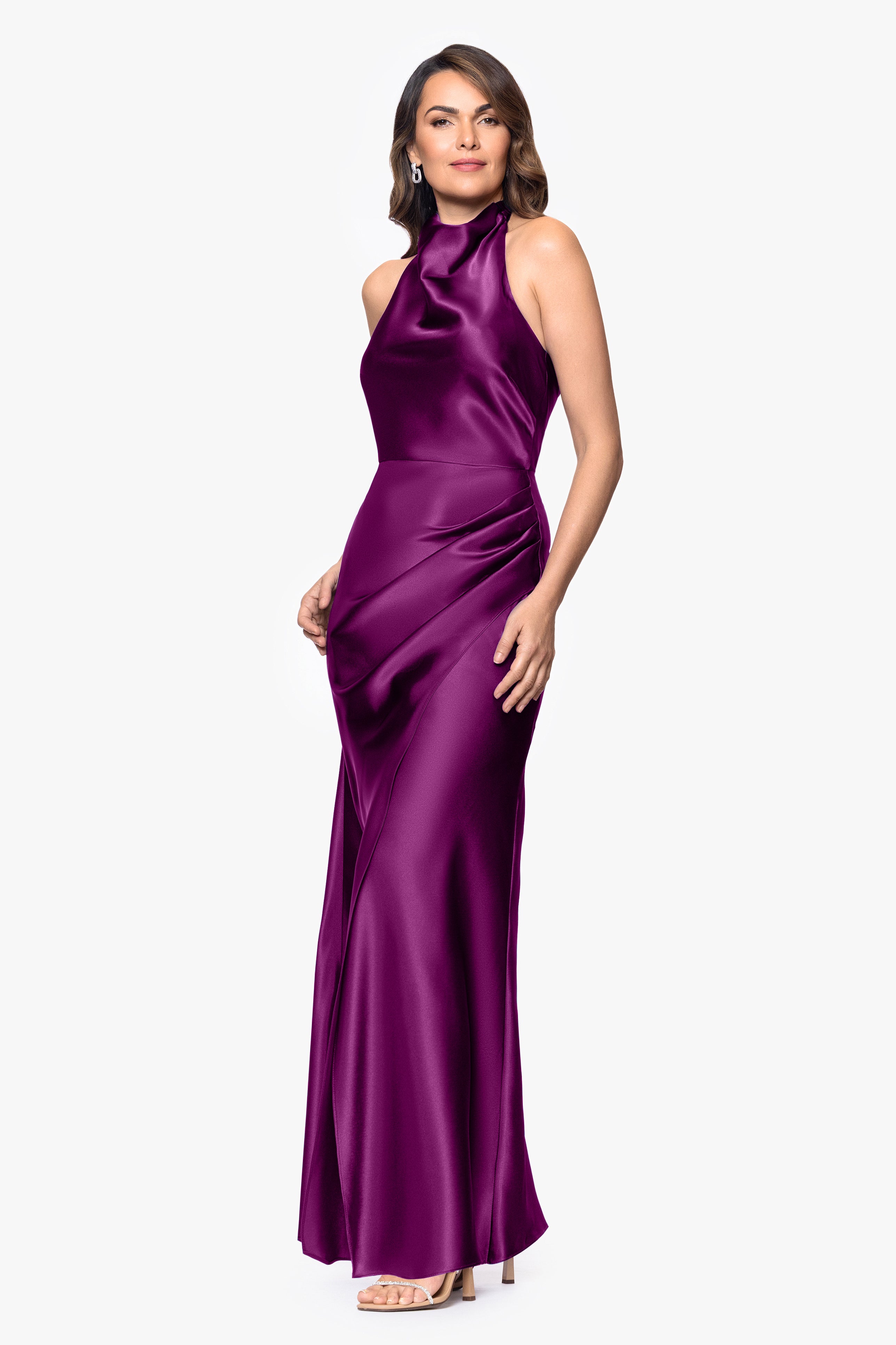 "Antonia" Satin Cowl Halter Neck Rouched Floor Length Dress