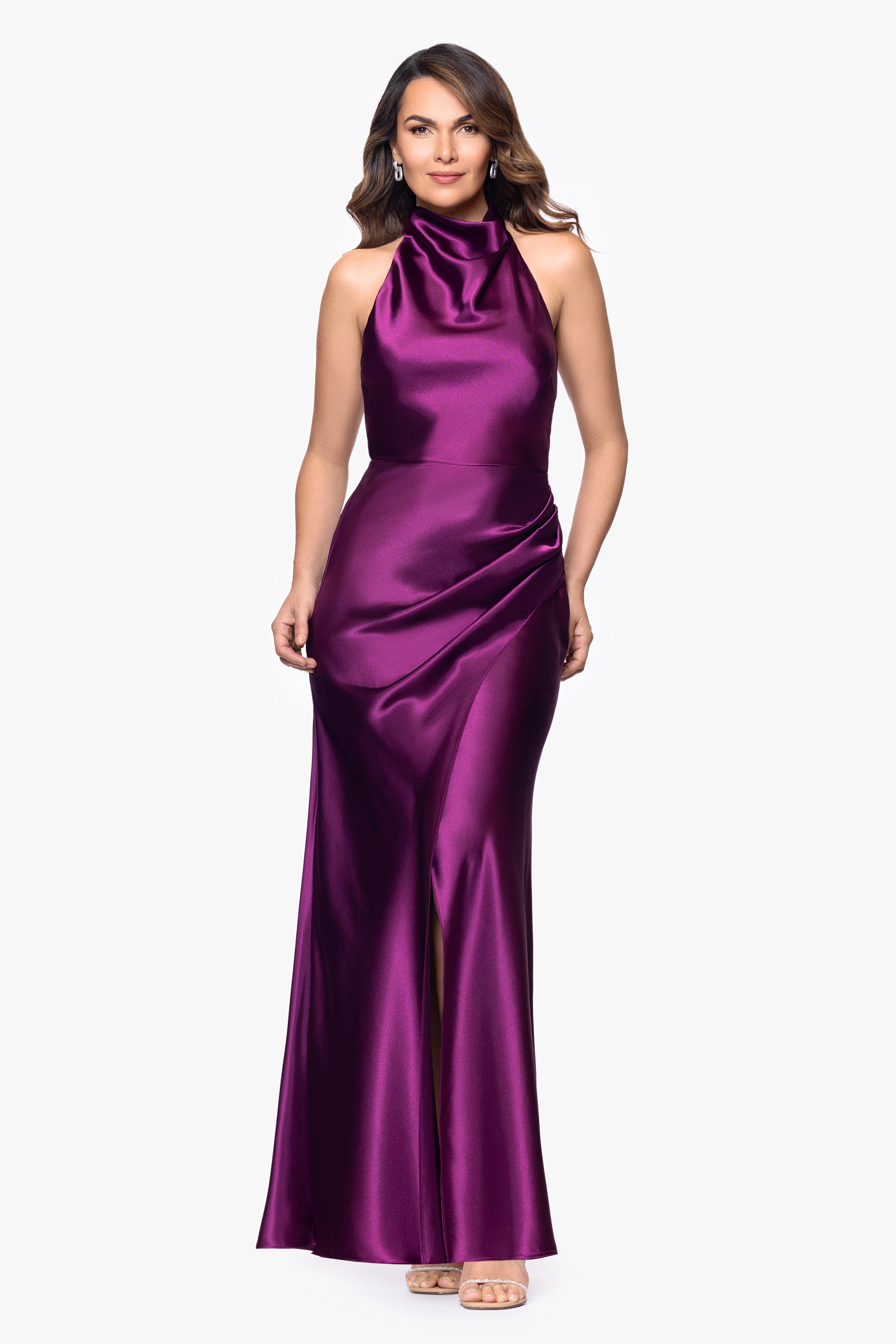 "Antonia" Satin Cowl Halter Neck Rouched Floor Length Dress