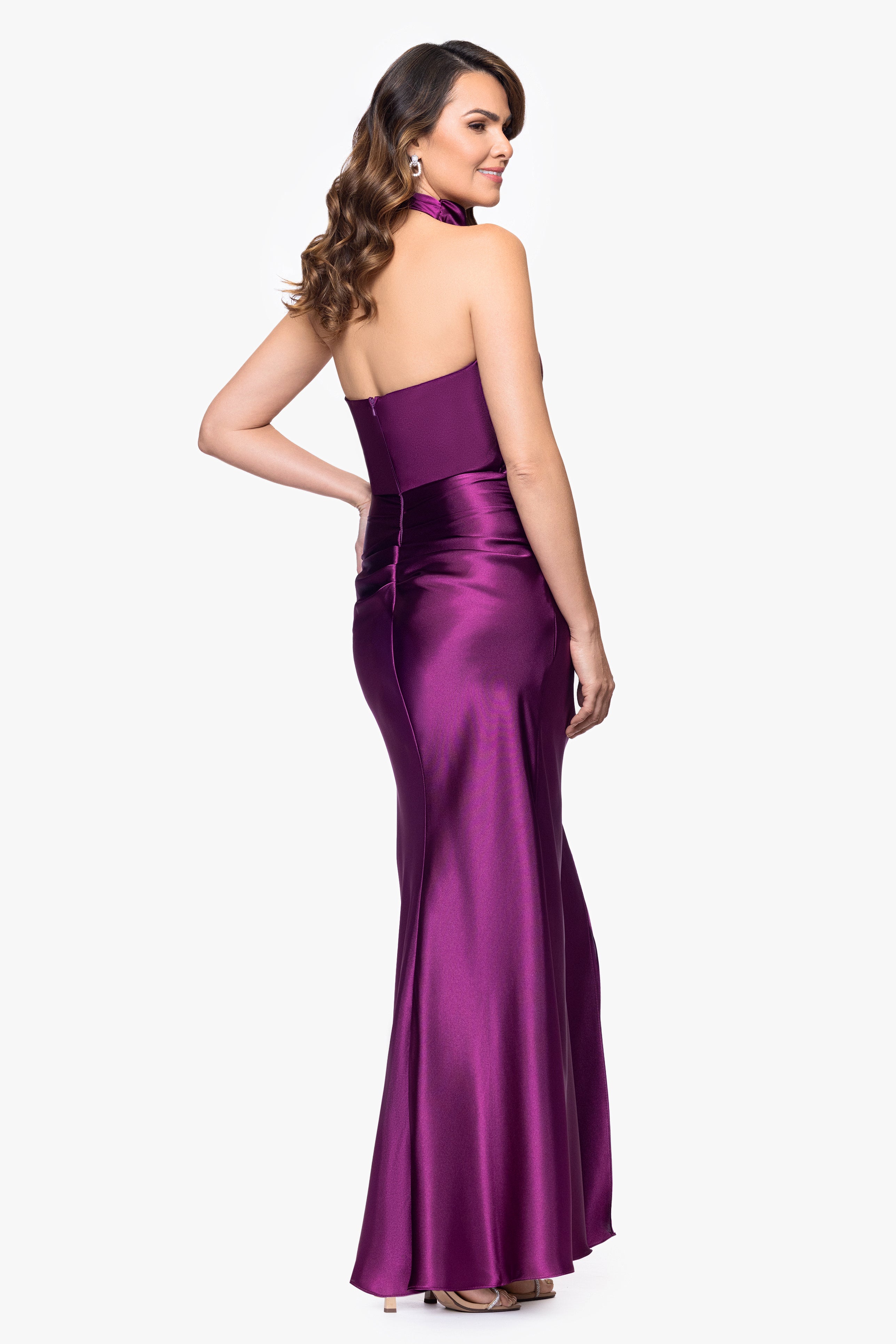 "Antonia" Satin Cowl Halter Neck Rouched Floor Length Dress