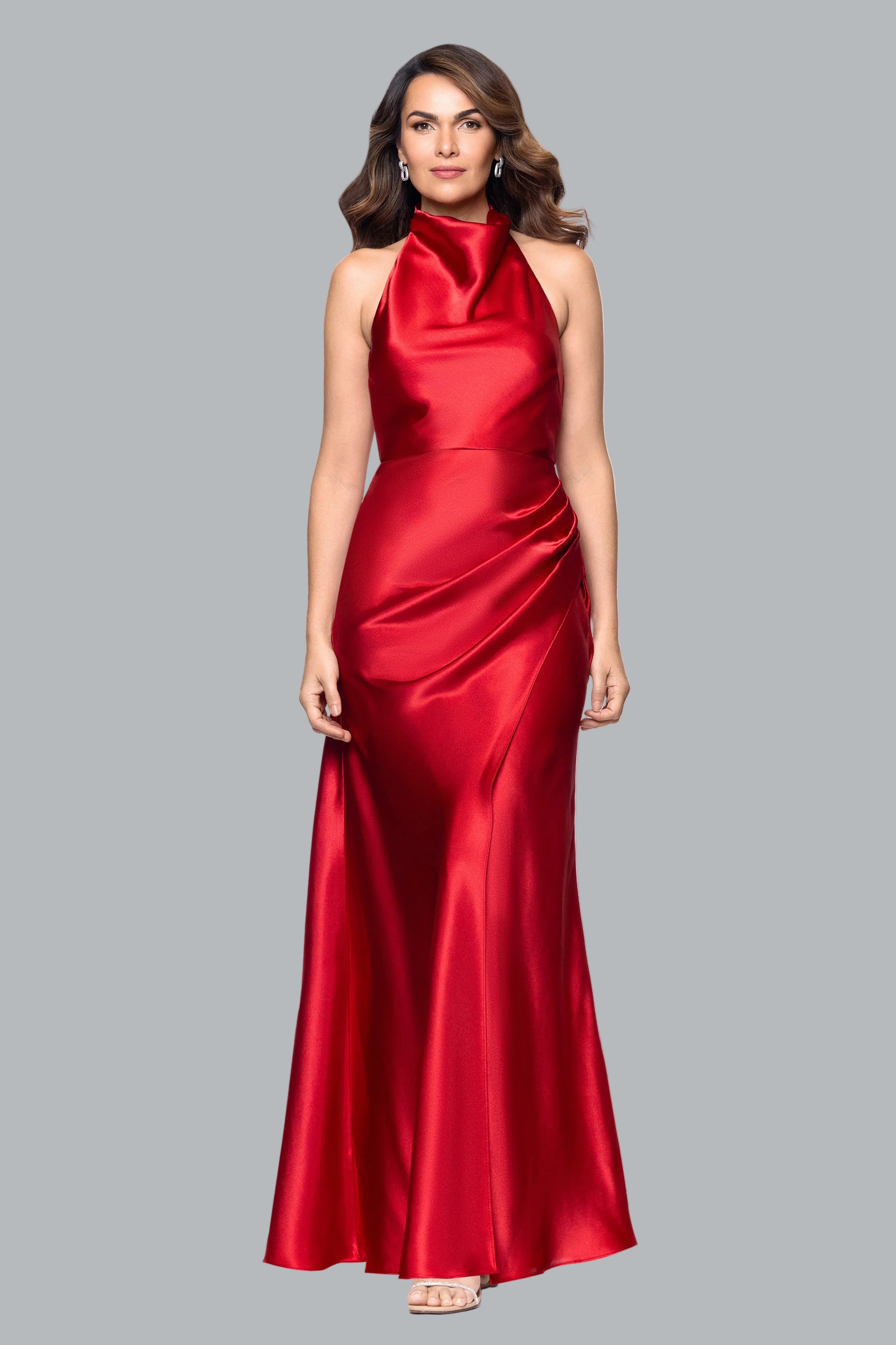 "Antonia" Satin Cowl Halter Neck Ruched Dress