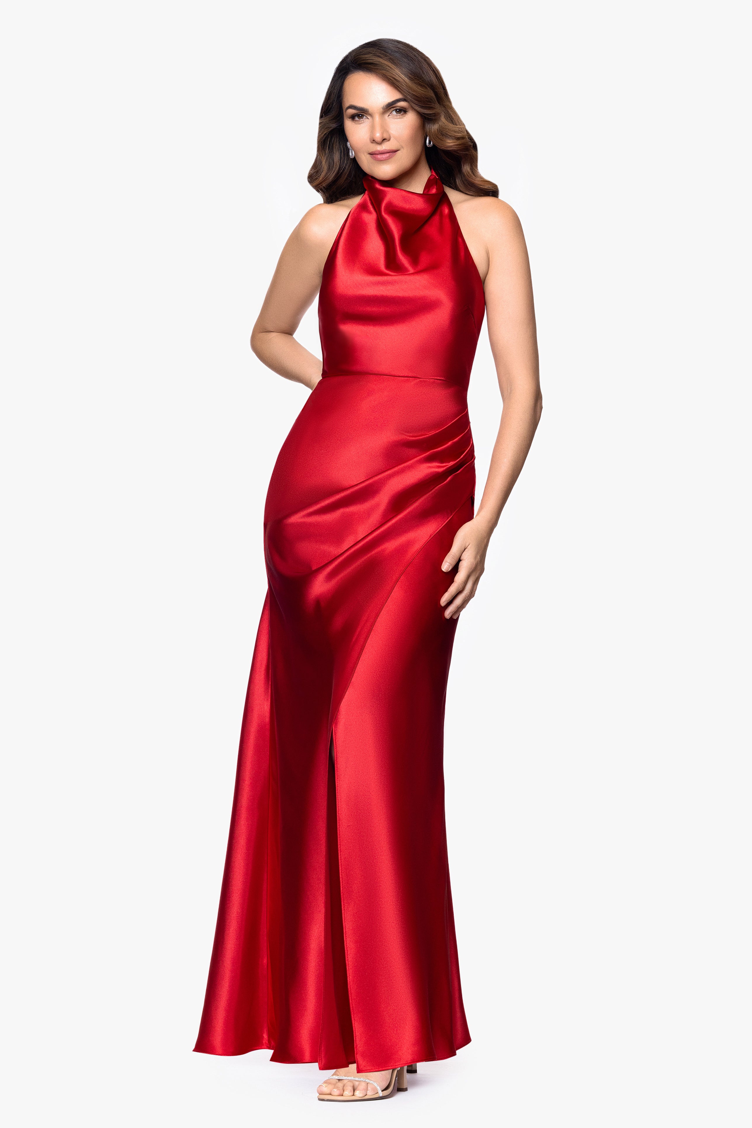 "Antonia" Satin Cowl Halter Neck Rouched Floor Length Dress