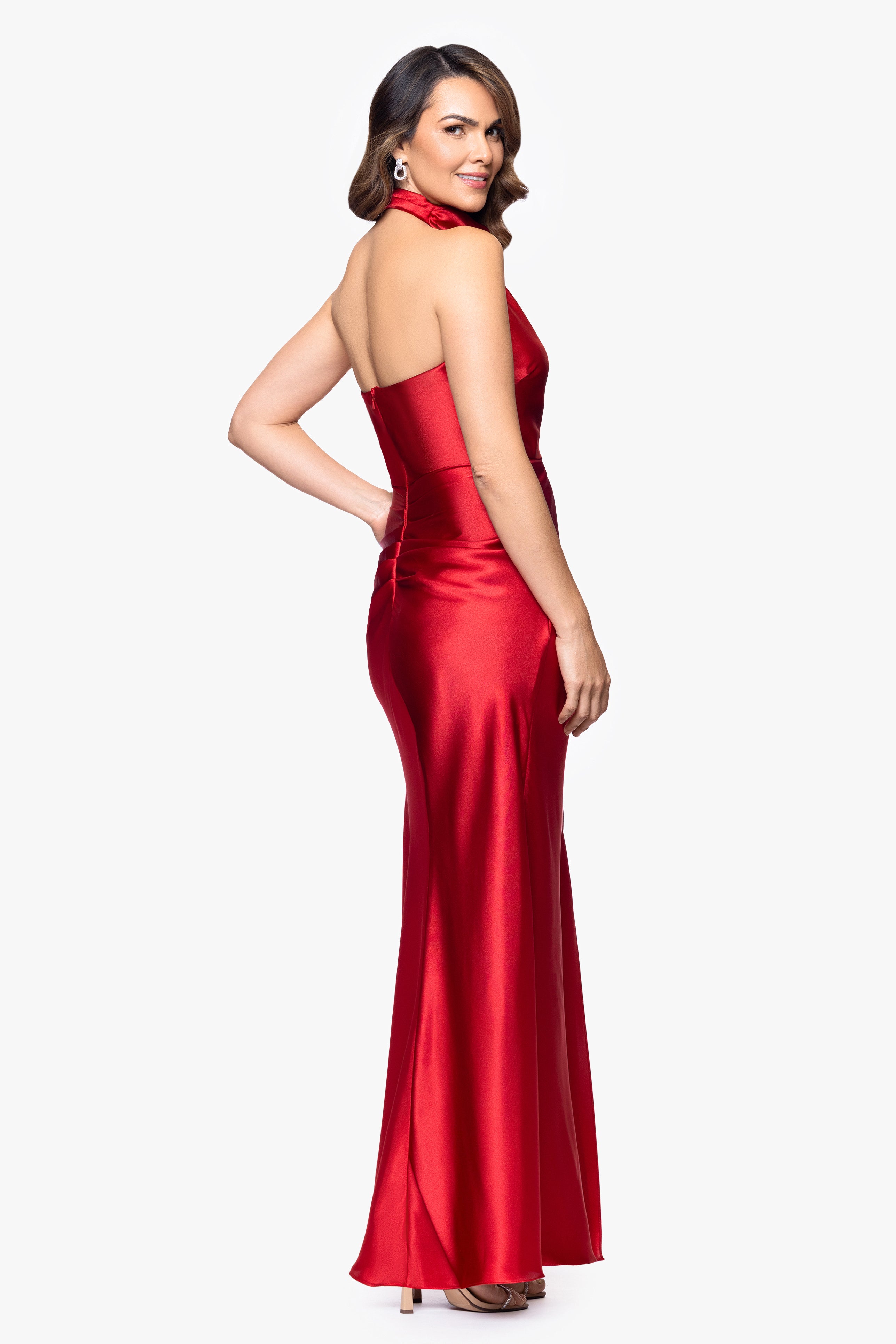 "Antonia" Satin Cowl Halter Neck Rouched Floor Length Dress