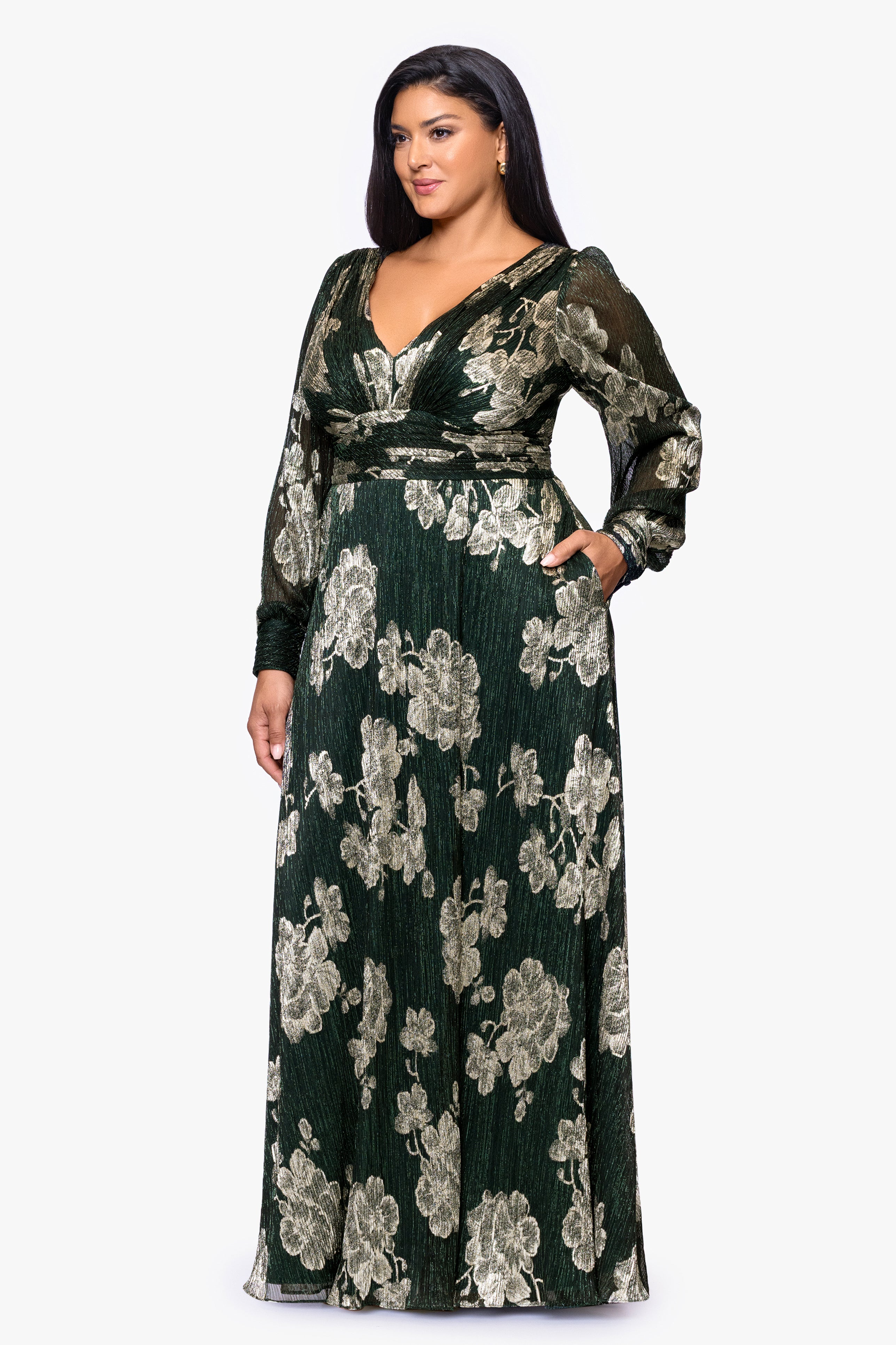 Plus "June" Foil Knit V-Neck Long Sleeve Floor Length Dress
