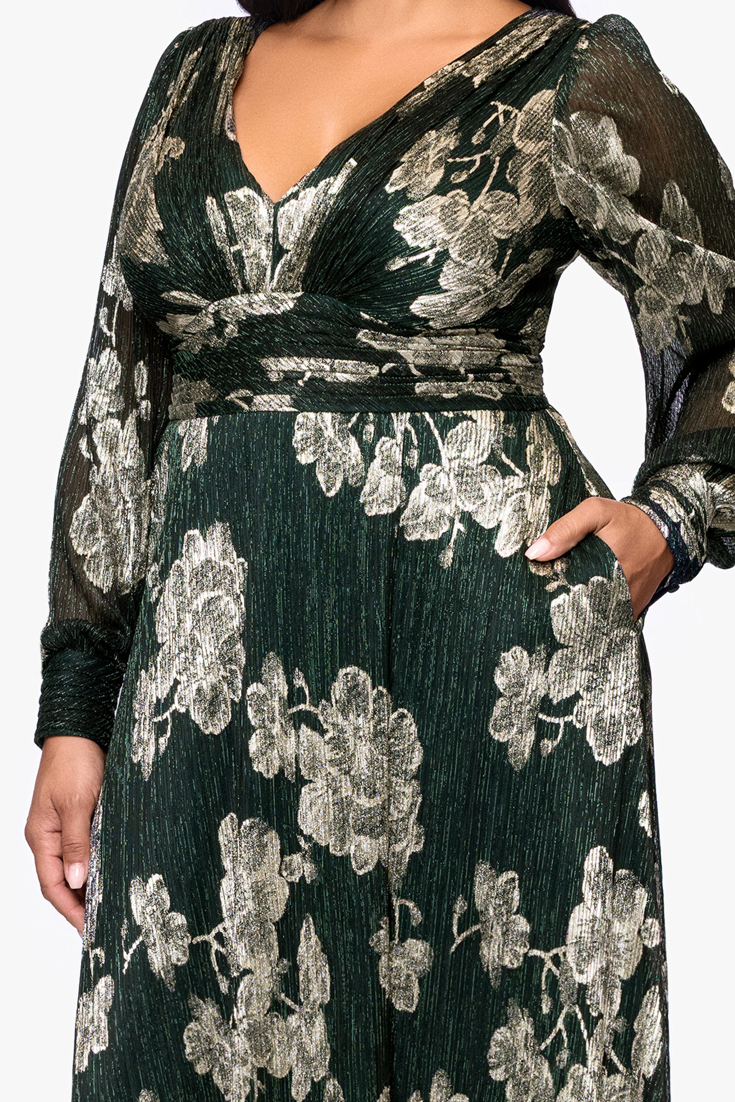 Plus "June" Foil Knit V-Neck Long Sleeve Floor Length Dress